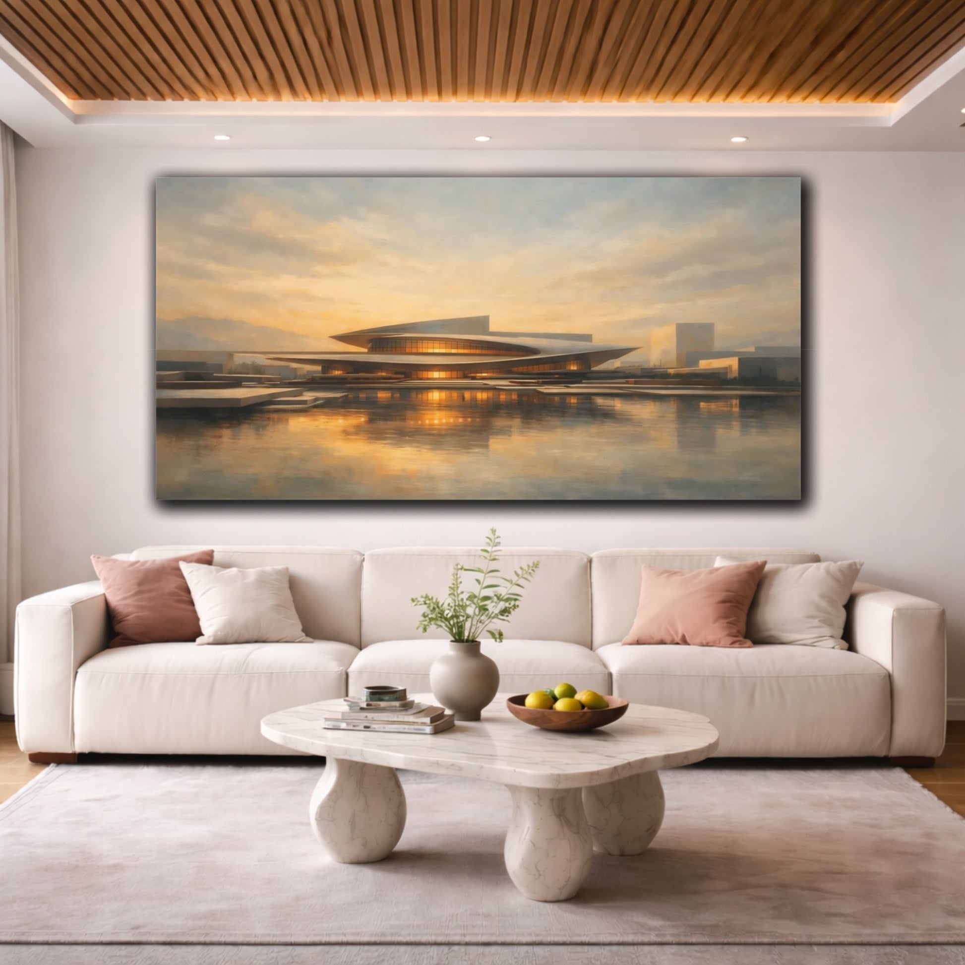 Mockup 3. Science Fiction Modern Building Modern Architecture Sunset shown as stretched canvas wall art