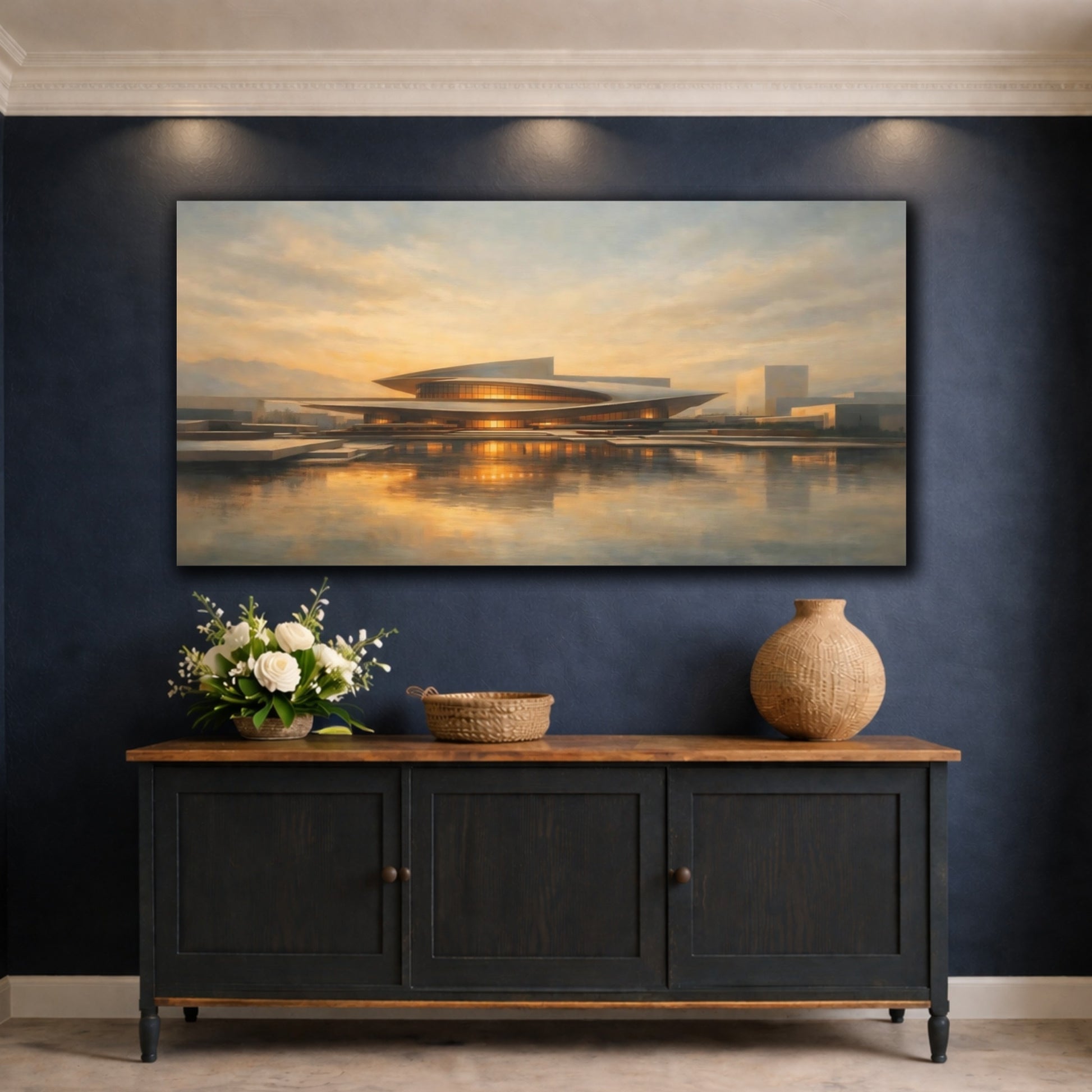 Mockup 4. Science Fiction Modern Building Modern Architecture Sunset shown as stretched canvas wall art