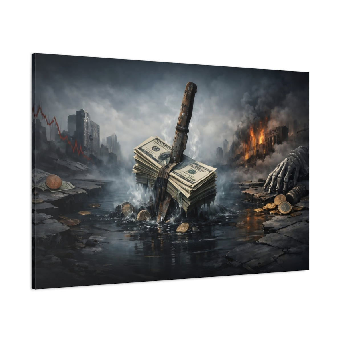 Main Mockup. Science Fiction Money Collapse Dark Dystopian shown as stretched canvas wall art