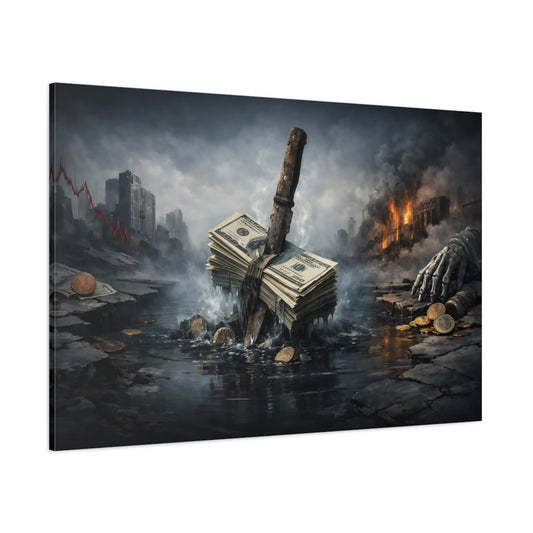 Main Mockup. Science Fiction Money Collapse Dark Dystopian shown as stretched canvas wall art