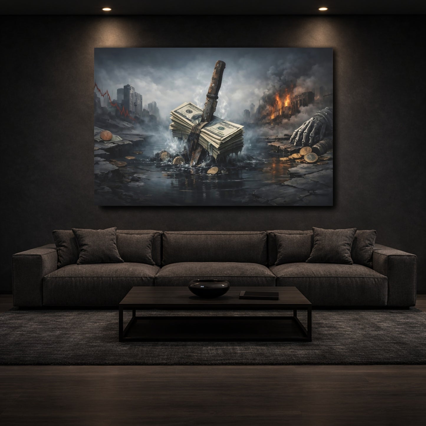 Mockup 2. Science Fiction Money Collapse Dark Dystopian shown as stretched canvas wall art