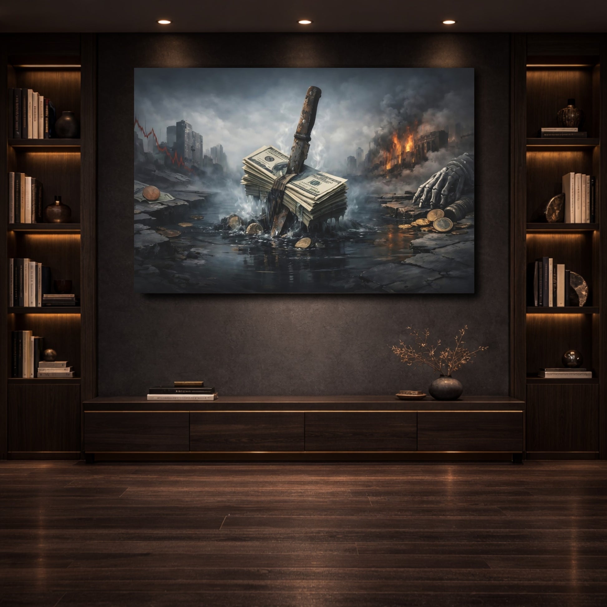 Mockup 3. Science Fiction Money Collapse Dark Dystopian shown as stretched canvas wall art