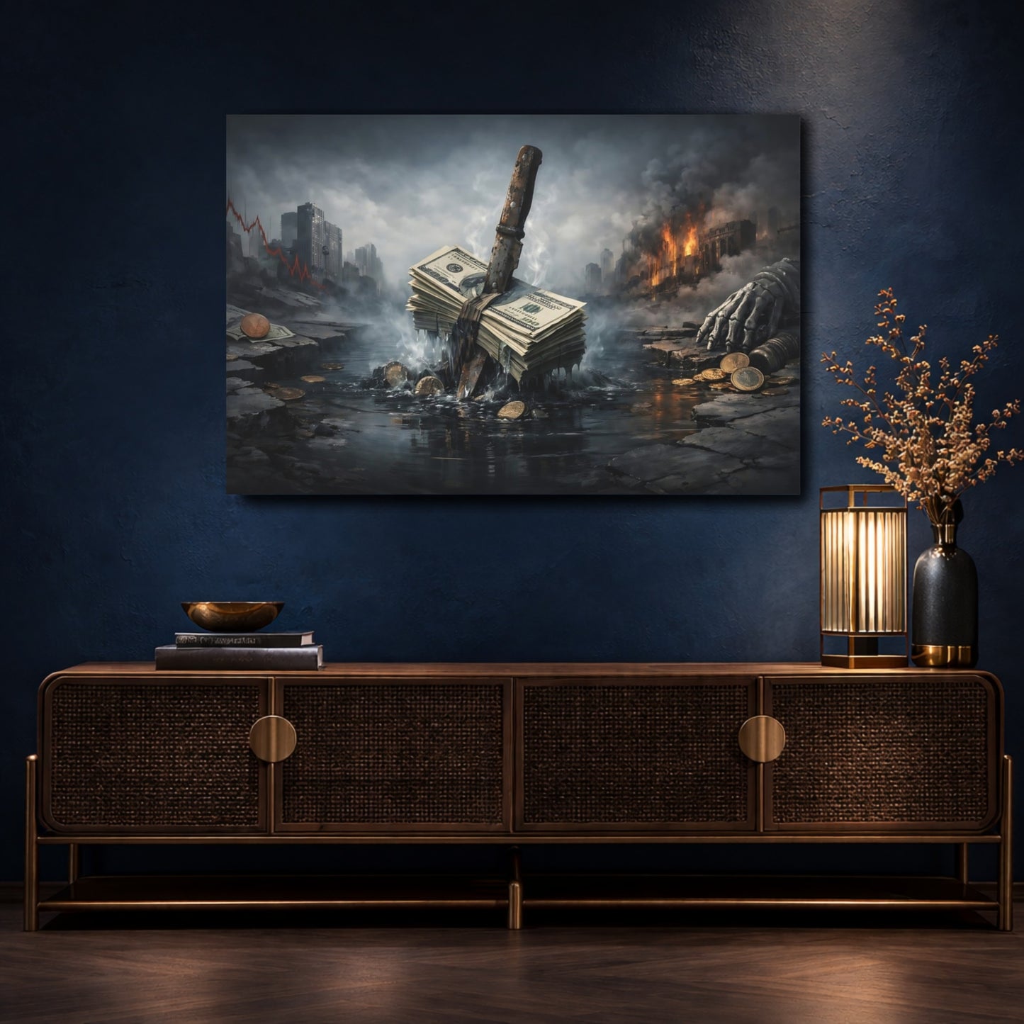 Mockup 4. Science Fiction Money Collapse Dark Dystopian shown as stretched canvas wall art