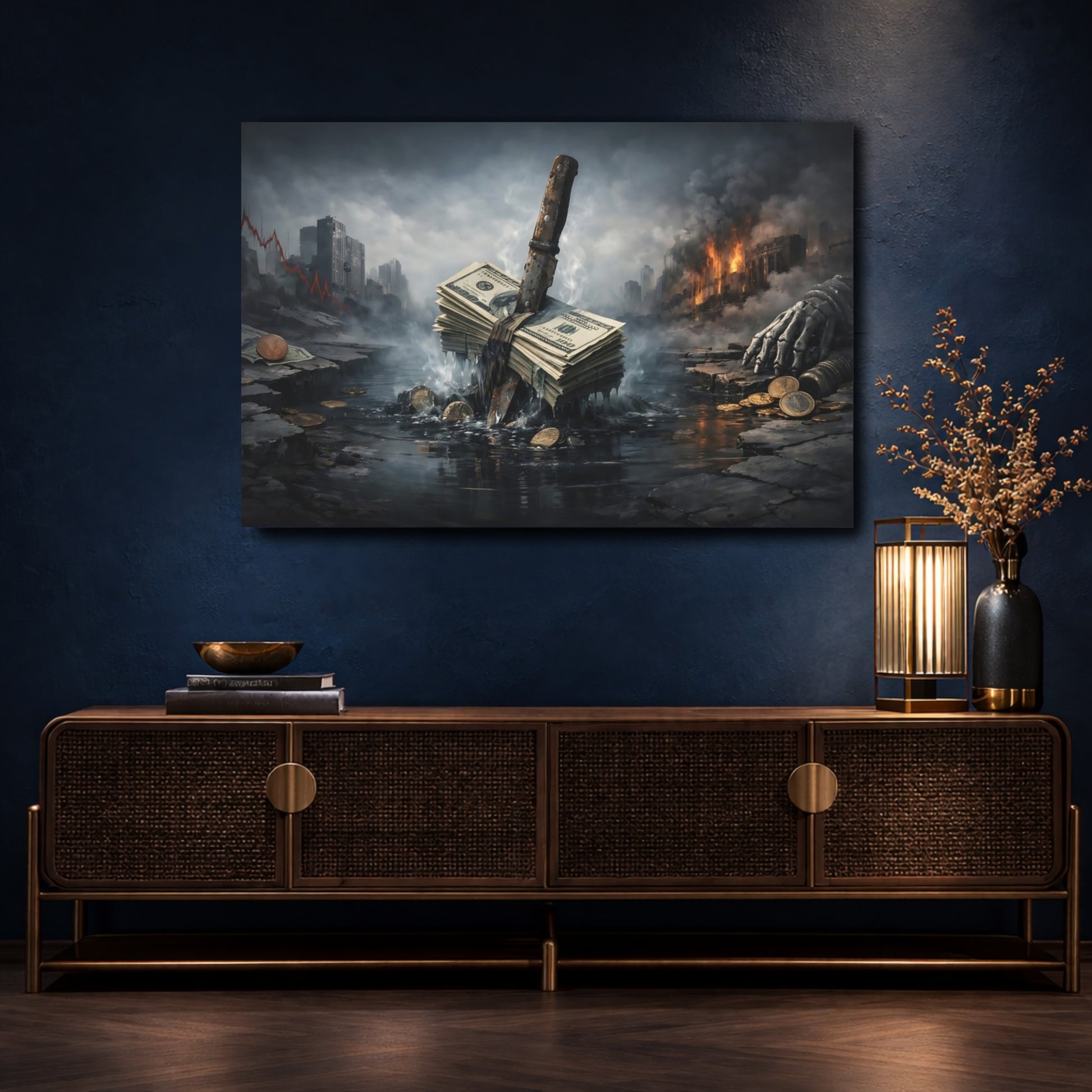 Mockup 4. Science Fiction Money Collapse Dark Dystopian shown as stretched canvas wall art