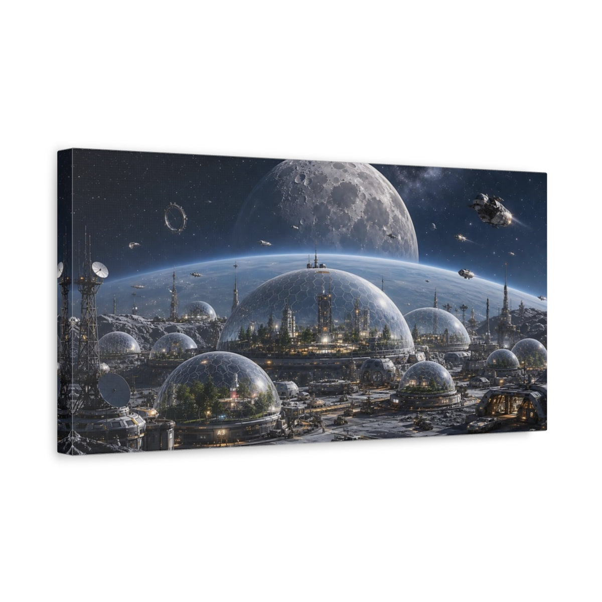 Side Mockup 3. Science Fiction Moon Colony Blue And Gray shown as stretched canvas wall art