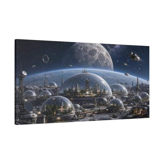 Main Mockup. Science Fiction Moon Colony Blue And Gray shown as stretched canvas wall art