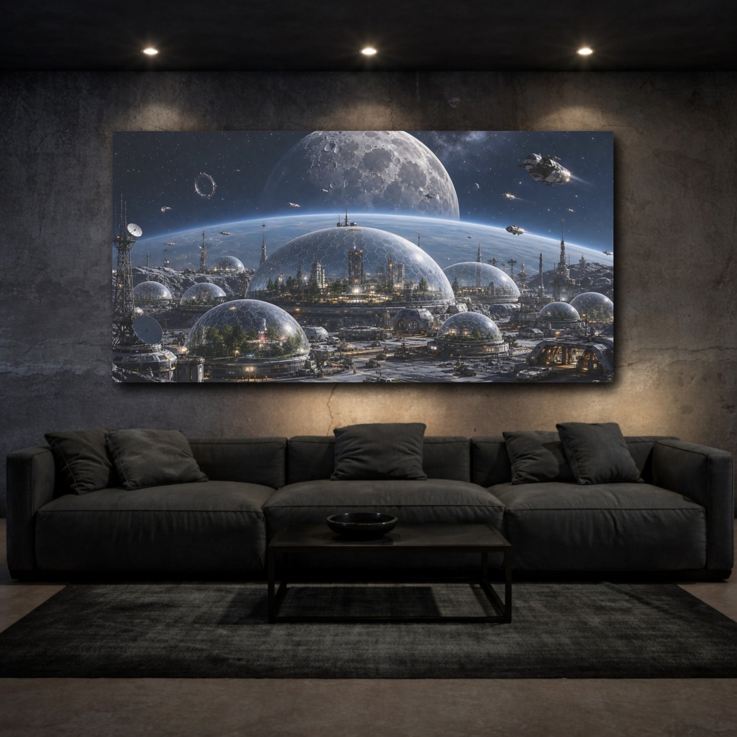 Mockup 2. Science Fiction Moon Colony Blue And Gray shown as stretched canvas wall art