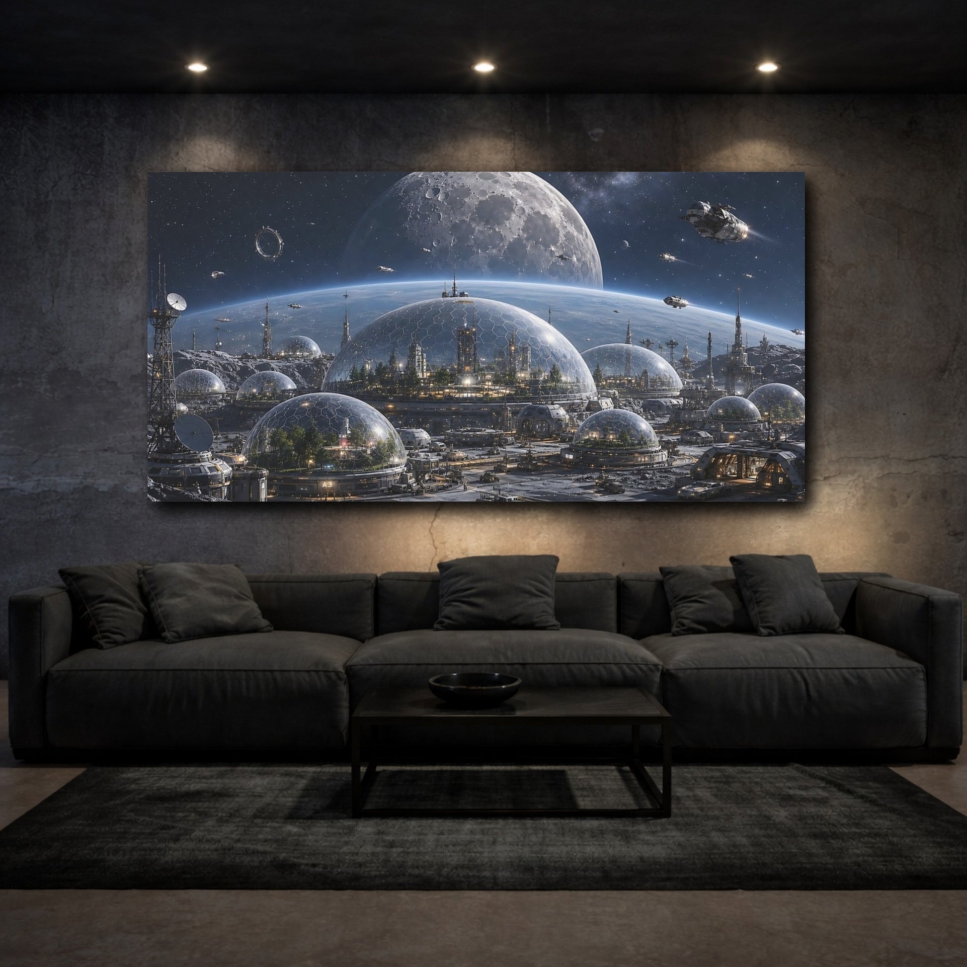 Mockup 2. Science Fiction Moon Colony Blue And Gray shown as stretched canvas wall art