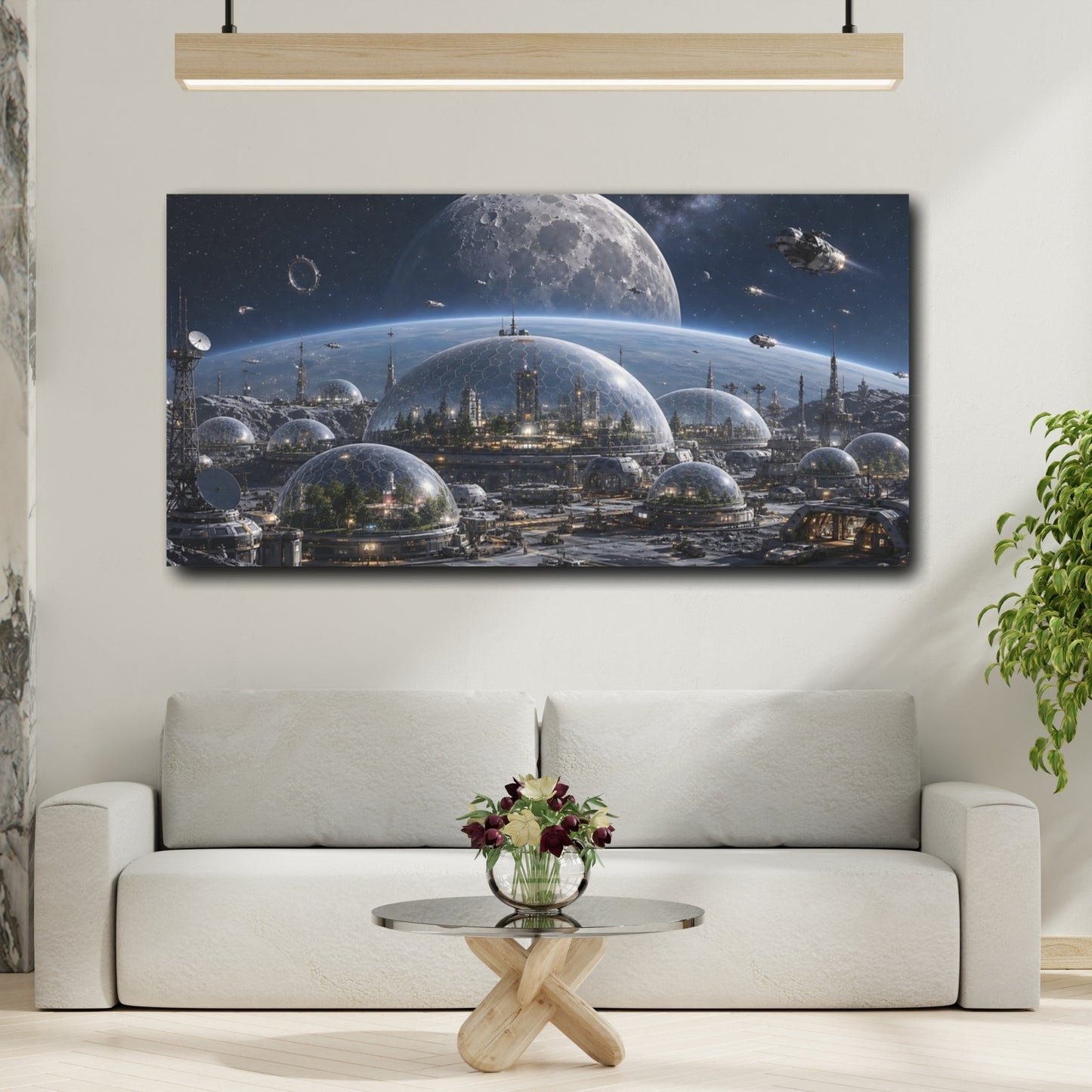 Mockup 3. Science Fiction Moon Colony Blue And Gray shown as stretched canvas wall art