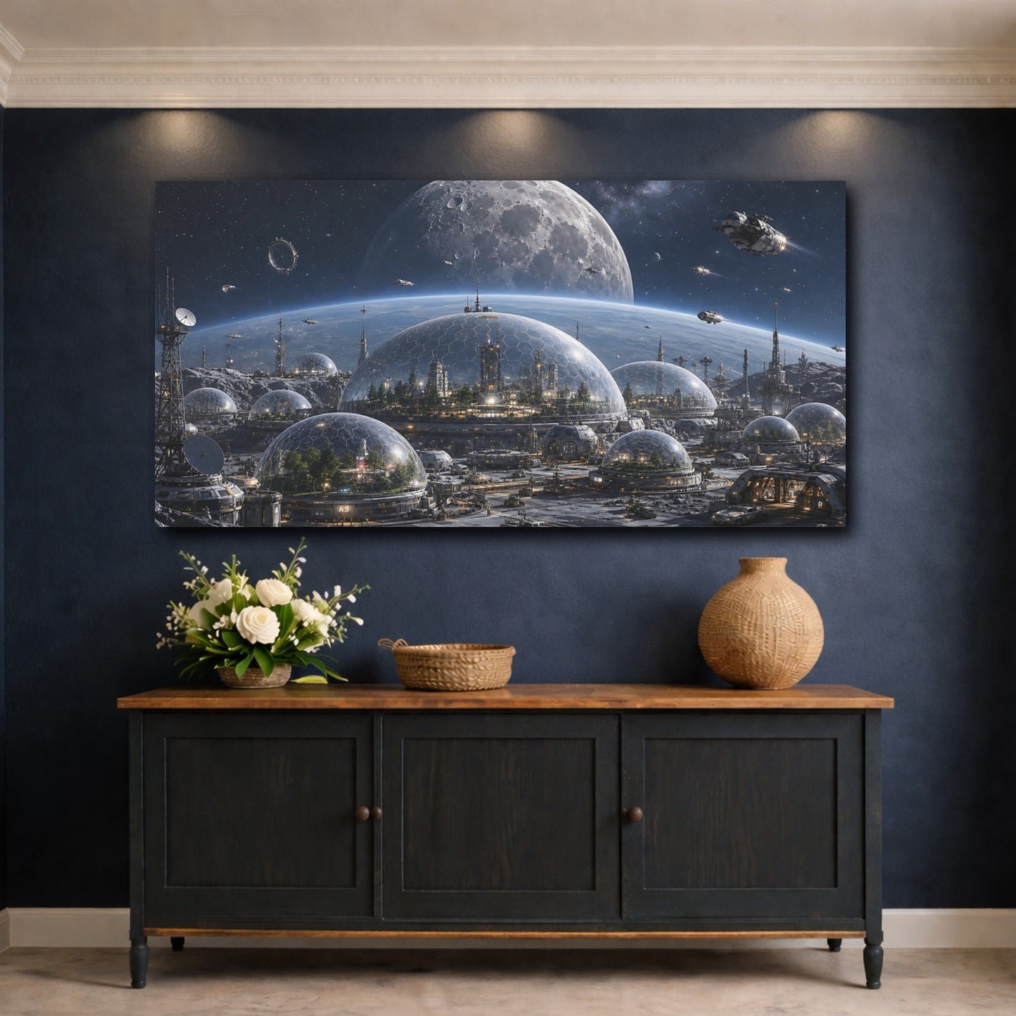 Mockup 4. Science Fiction Moon Colony Blue And Gray shown as stretched canvas wall art