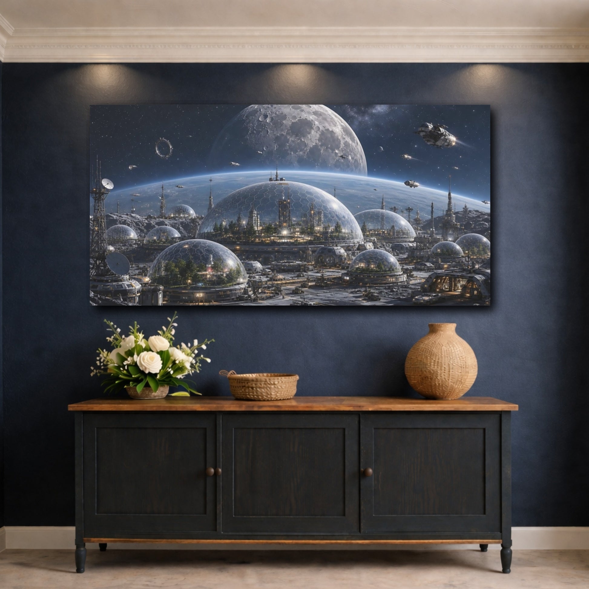Mockup 4. Science Fiction Moon Colony Blue And Gray shown as stretched canvas wall art