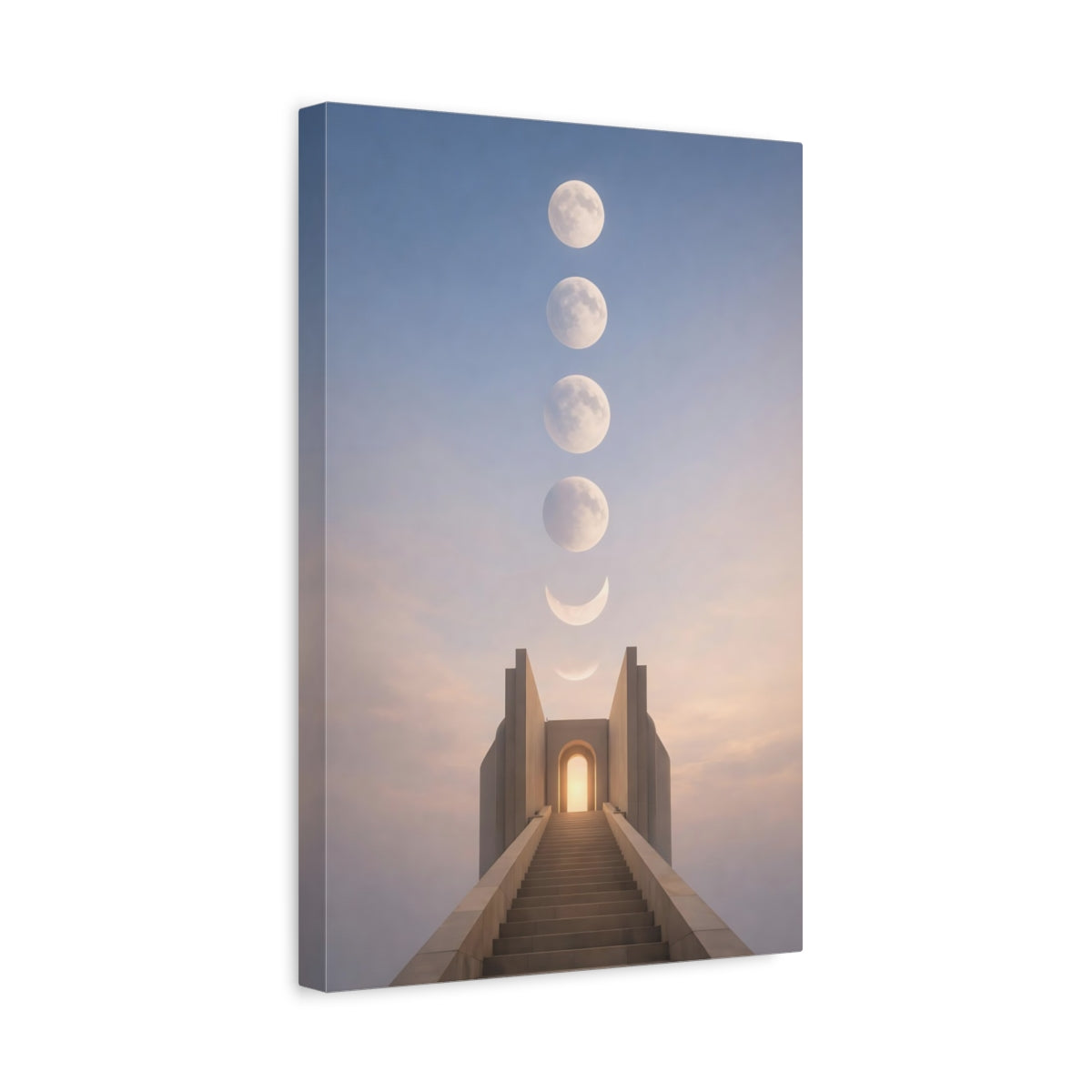 Side Mockup 4. Science Fiction Moon Phases Lunar Stairway shown as stretched canvas wall art