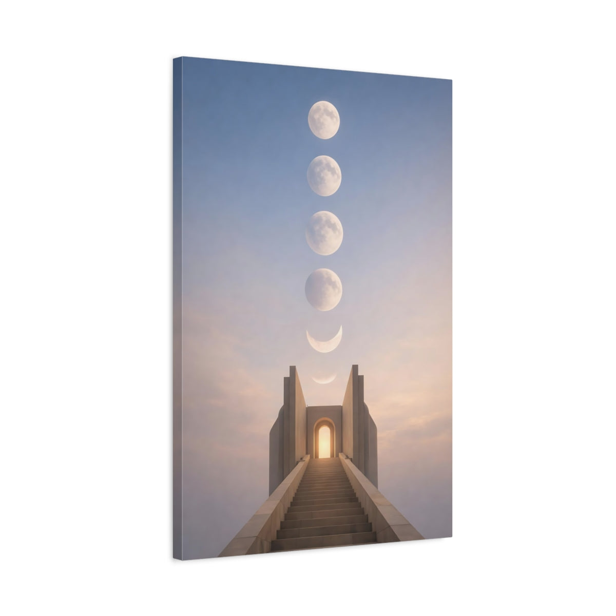 Side Mockup 2. Science Fiction Moon Phases Lunar Stairway shown as stretched canvas wall art