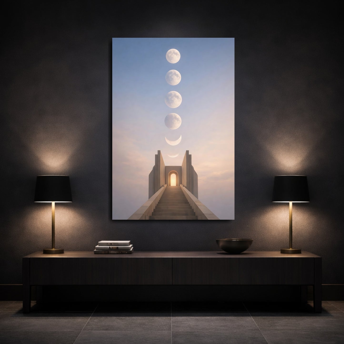 Mockup 2. Science Fiction Moon Phases Lunar Stairway shown as stretched canvas wall art