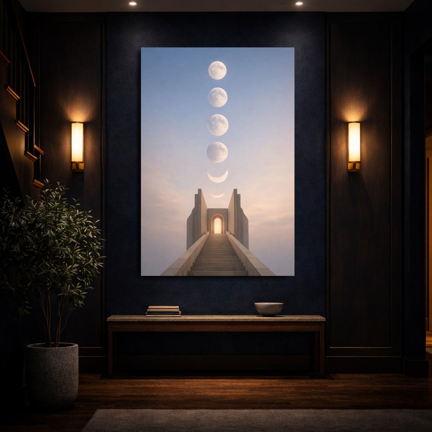 Mockup 3. Science Fiction Moon Phases Lunar Stairway shown as stretched canvas wall art