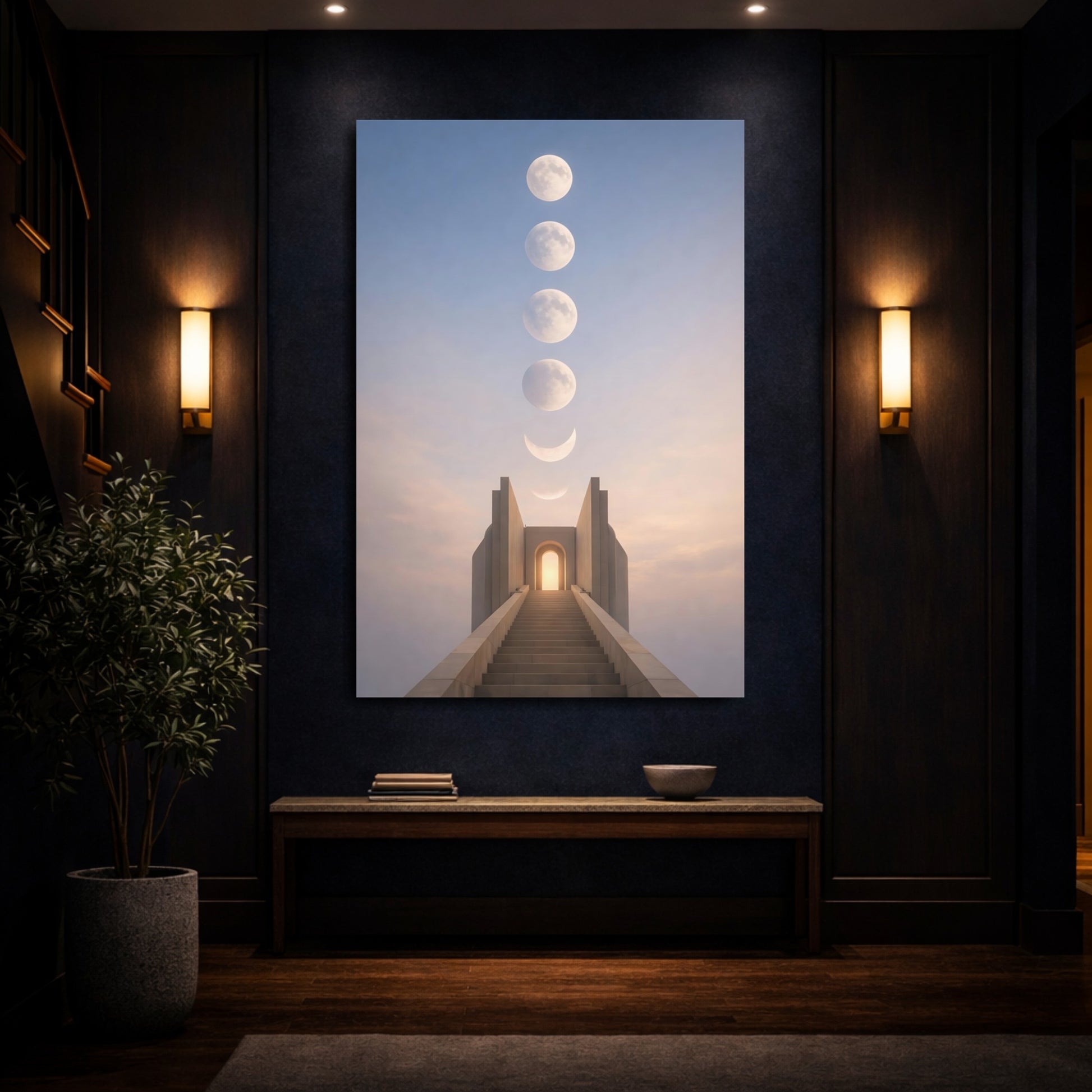 Mockup 3. Science Fiction Moon Phases Lunar Stairway shown as stretched canvas wall art