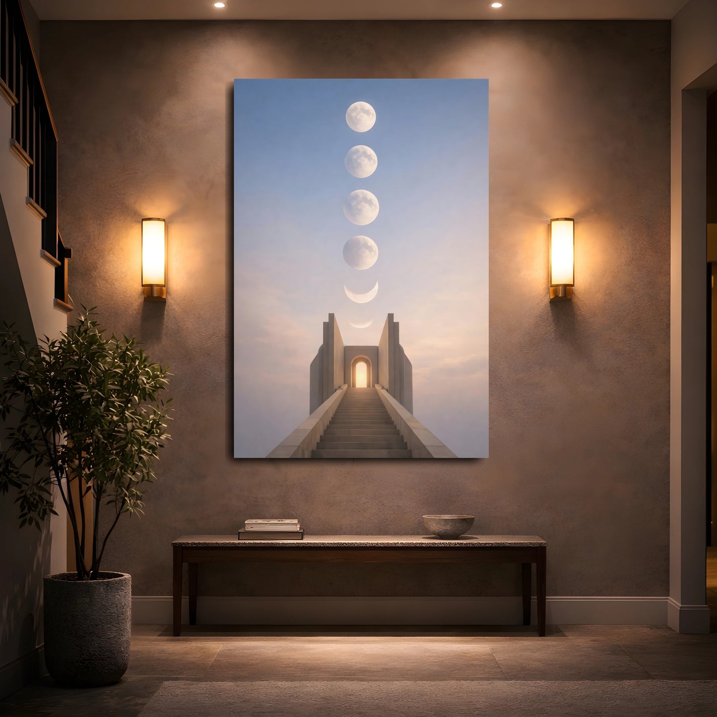 Mockup 4. Science Fiction Moon Phases Lunar Stairway shown as stretched canvas wall art