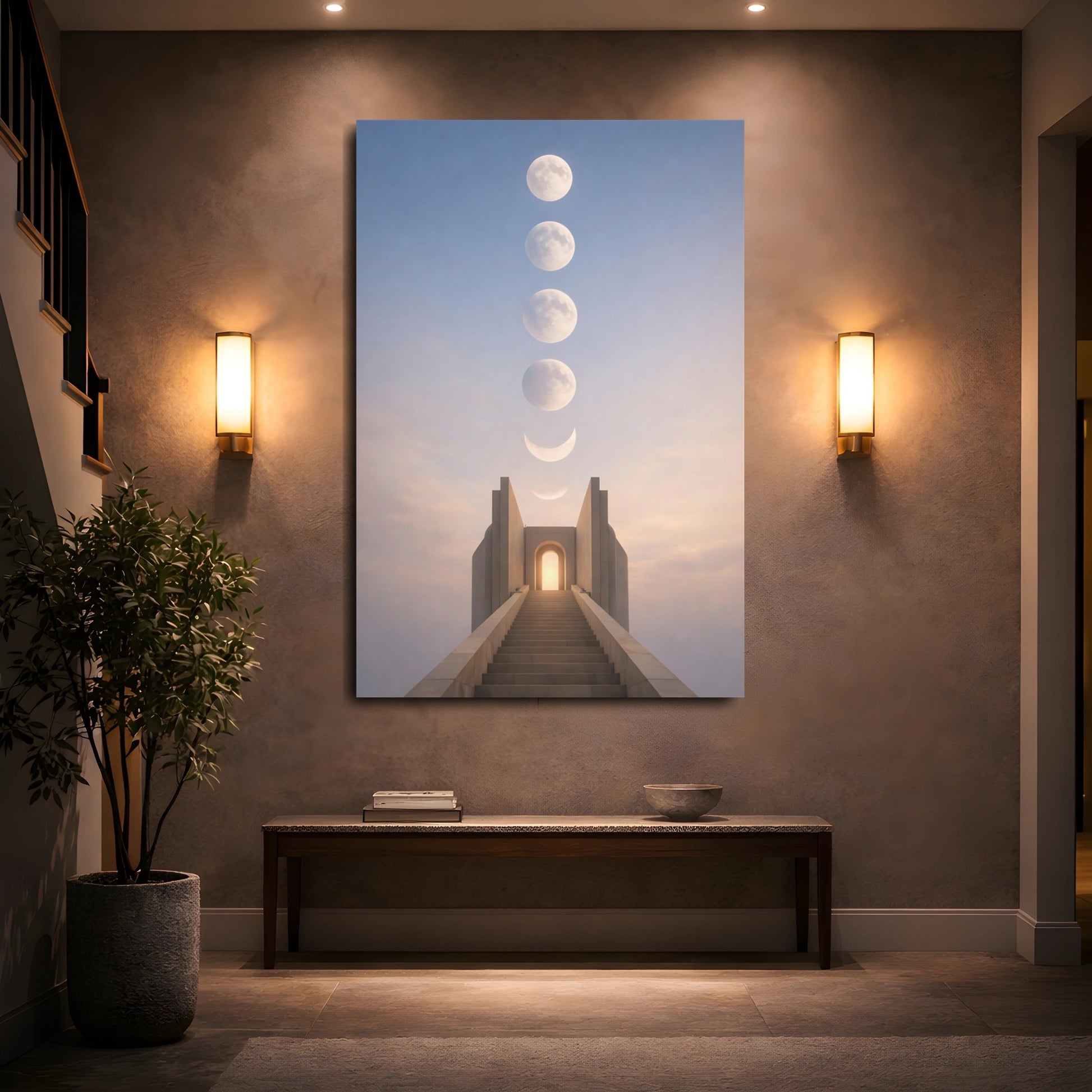 Mockup 4. Science Fiction Moon Phases Lunar Stairway shown as stretched canvas wall art