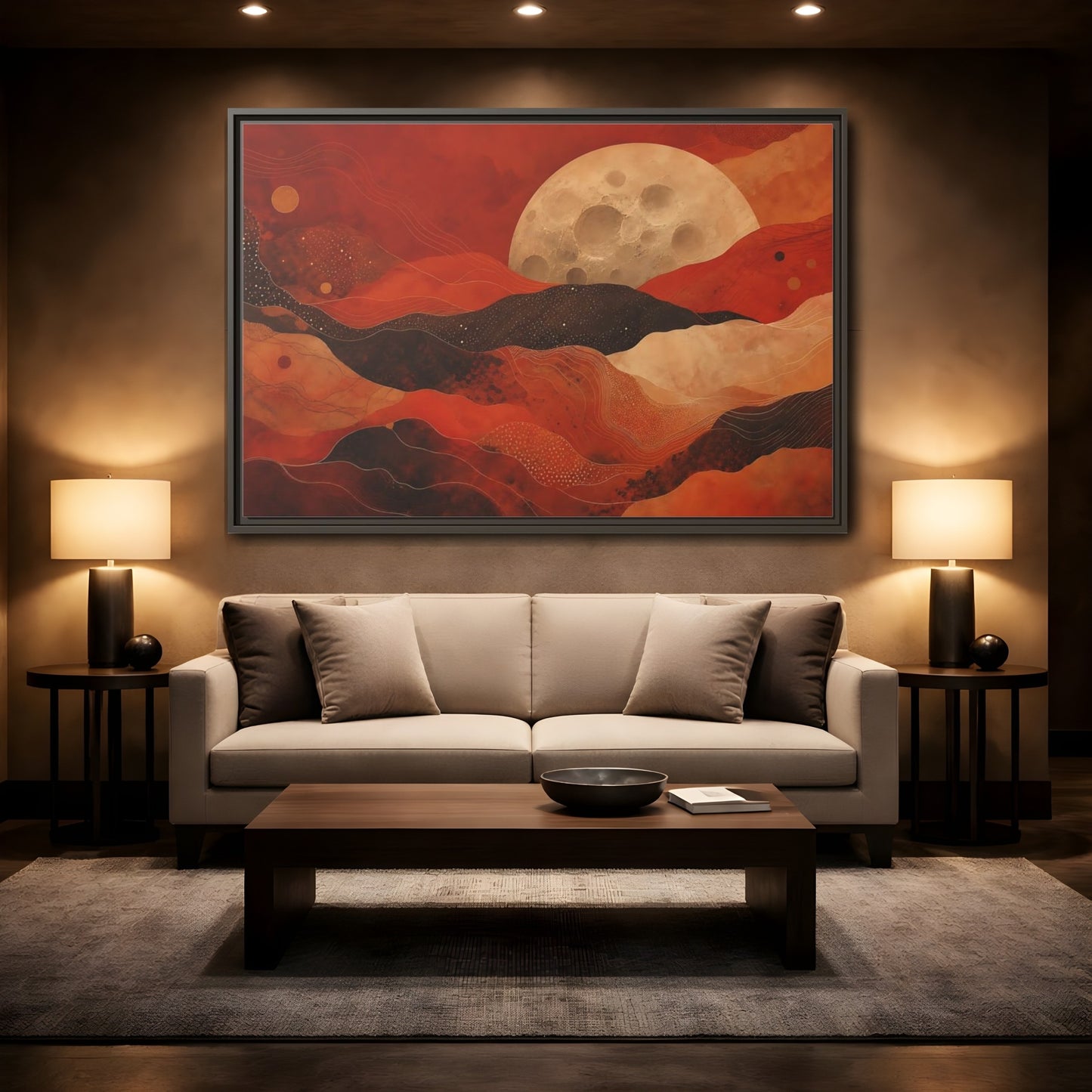 Mockup 2. Science Fiction Moon Red And Brown Landscape shown as framed canvas print