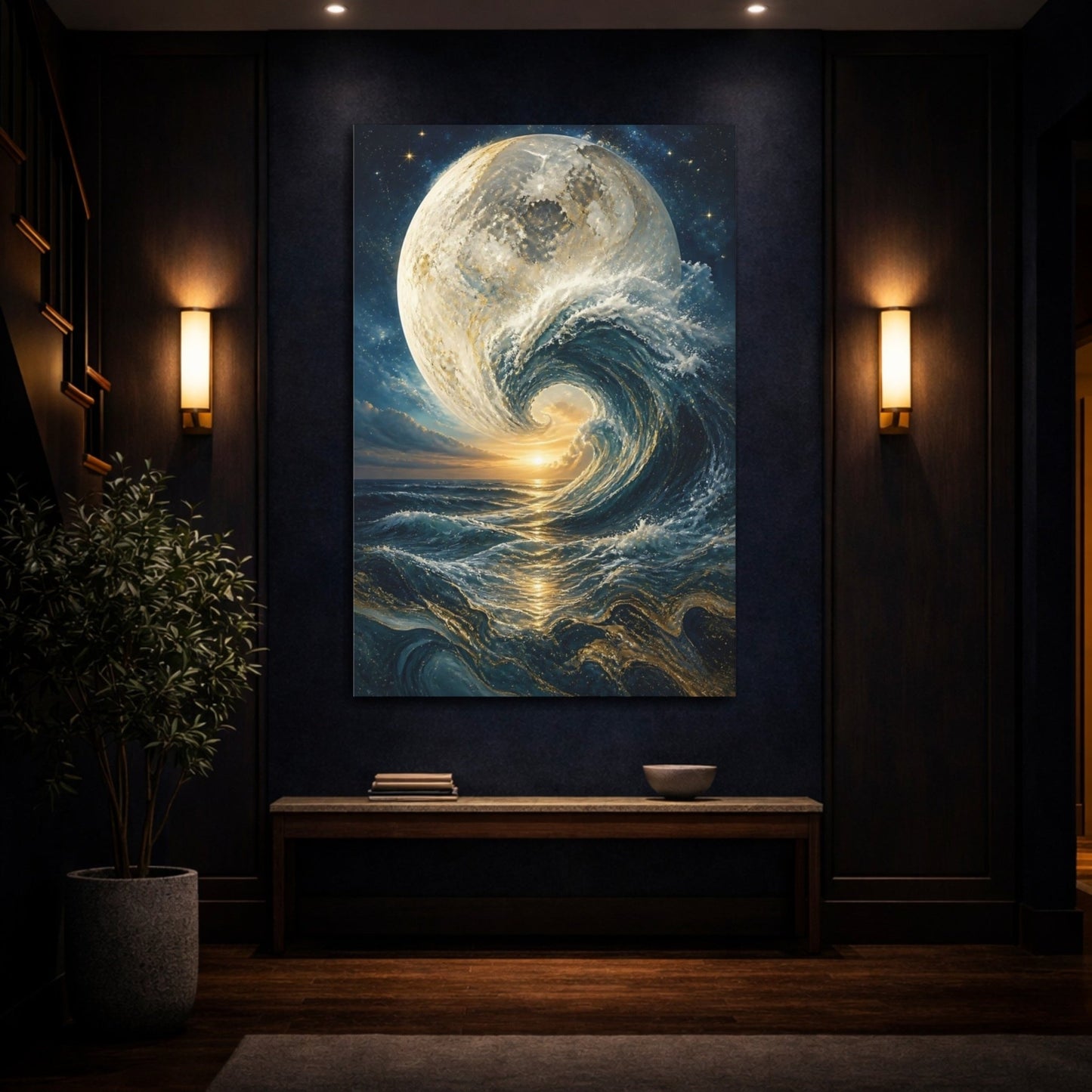 Science Fiction Moon Wave Blue And Canvas Print – Surreal Decor for Living Room, Above Fireplace - YesArtYes