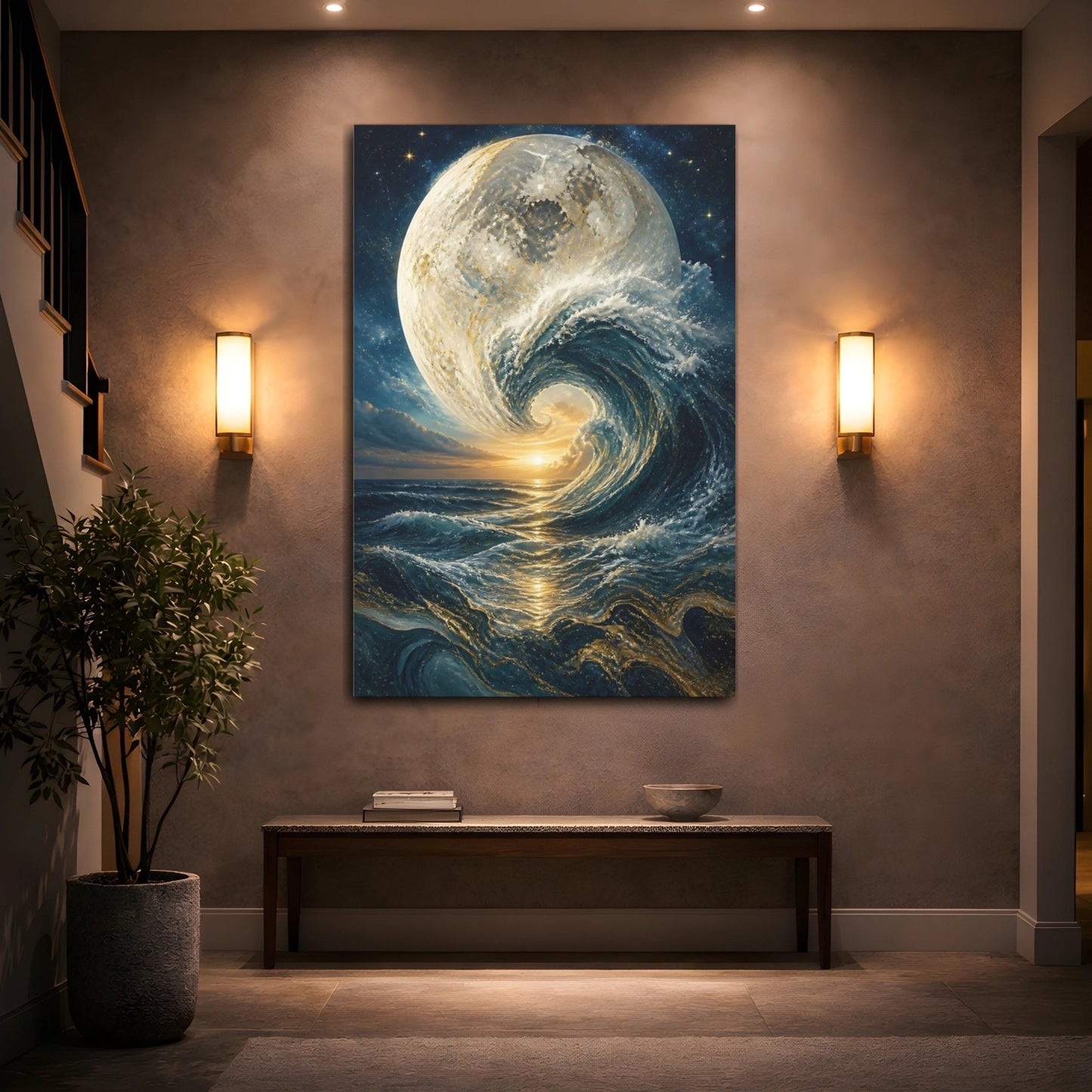 Science Fiction Moon Wave Blue And Canvas Print – Surreal Decor for Living Room, Above Fireplace - YesArtYes