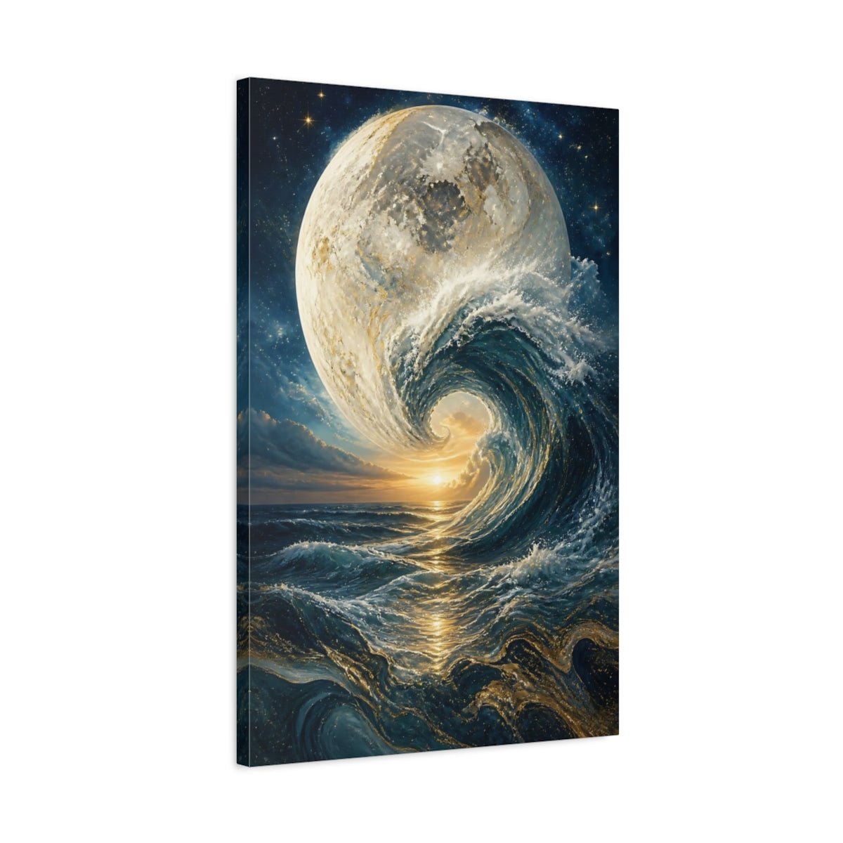 Science Fiction Moon Wave Blue And Canvas Print – Surreal Decor for Living Room, Above Fireplace - YesArtYes