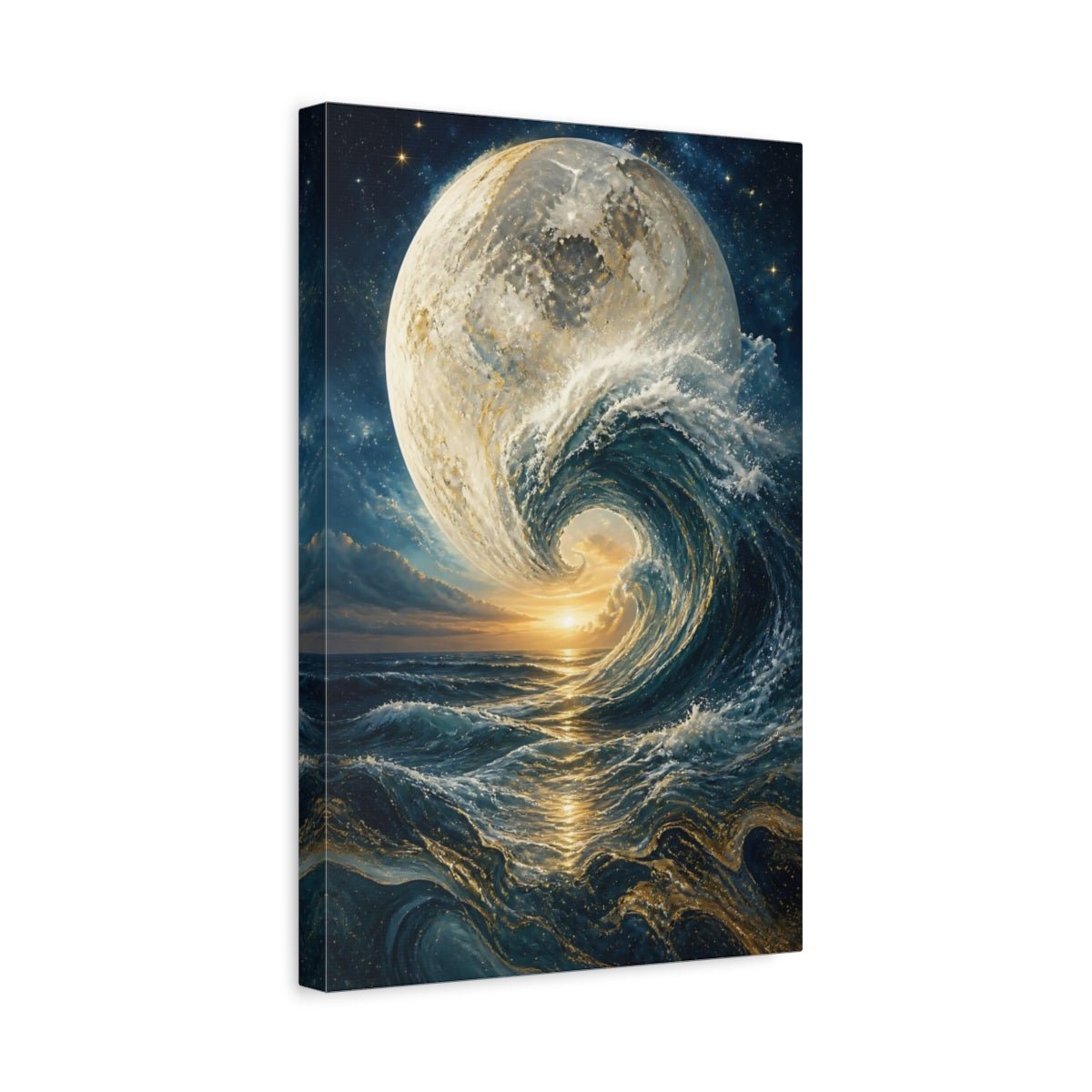 Science Fiction Moon Wave Blue And Canvas Print – Surreal Decor for Living Room, Above Fireplace - YesArtYes