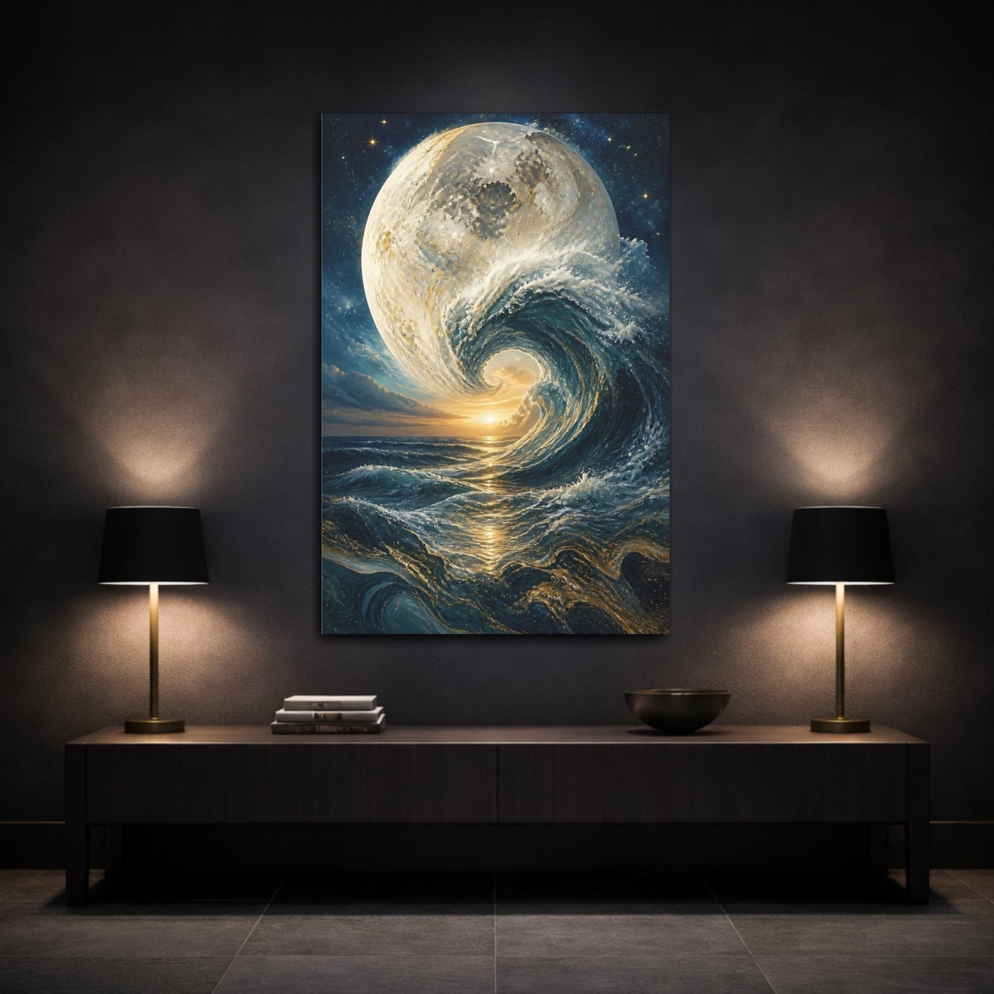 Mockup 3. Science Fiction Moon Wave Blue And Gold shown as stretched canvas wall art