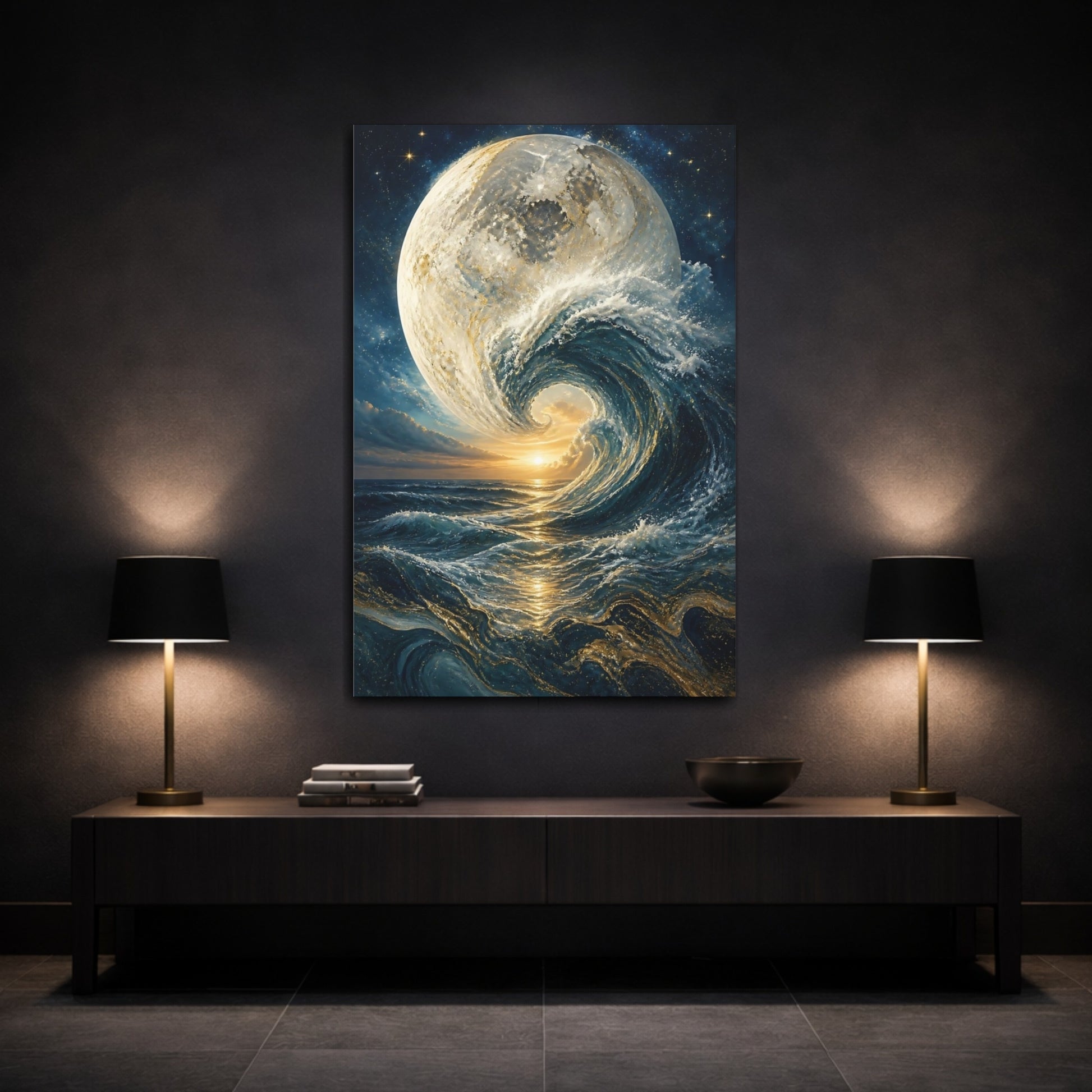 Mockup 3. Science Fiction Moon Wave Blue And Gold shown as stretched canvas wall art
