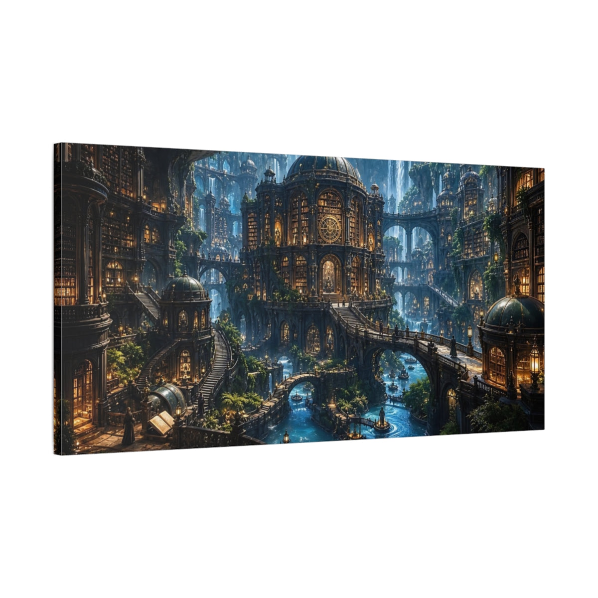 Main Mockup. Science Fiction Mystic City Enchanted Cityscape shown as stretched canvas wall art