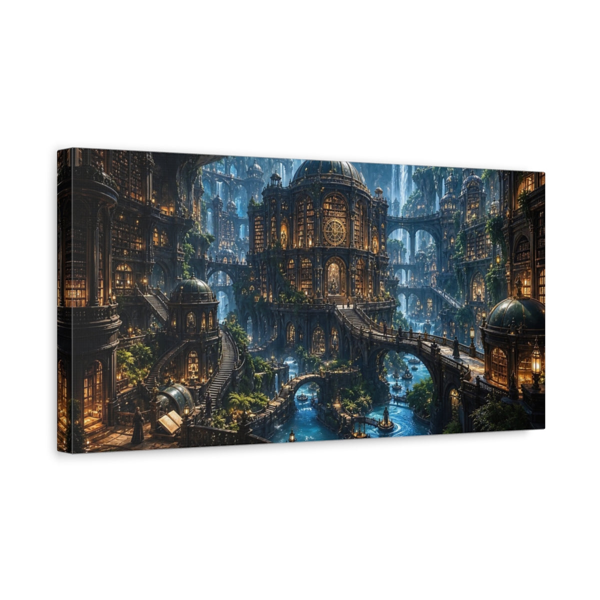 Side Mockup 3. Science Fiction Mystic City Enchanted Cityscape shown as stretched canvas wall art
