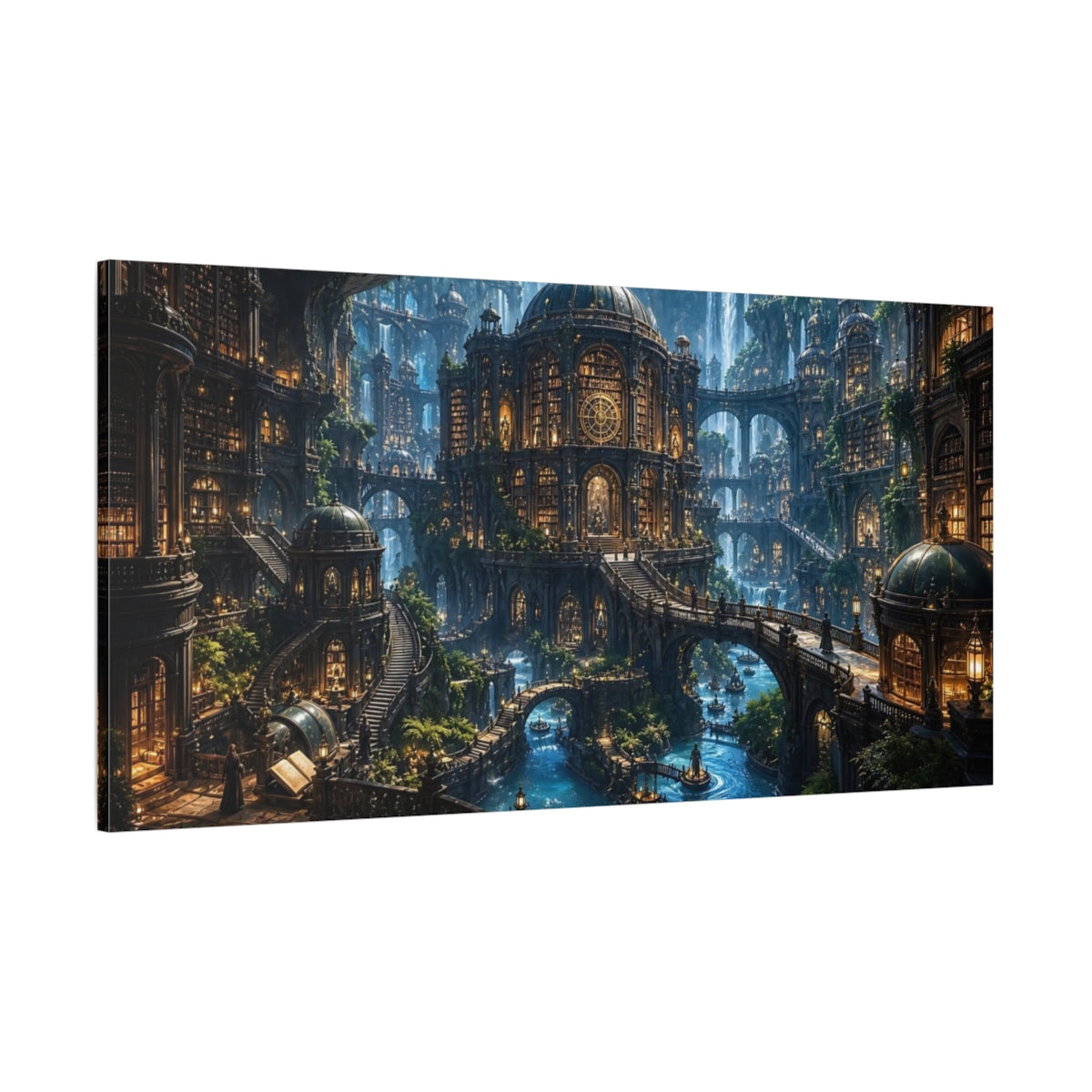 Side Mockup 2. Science Fiction Mystic City Enchanted Cityscape shown as stretched canvas wall art