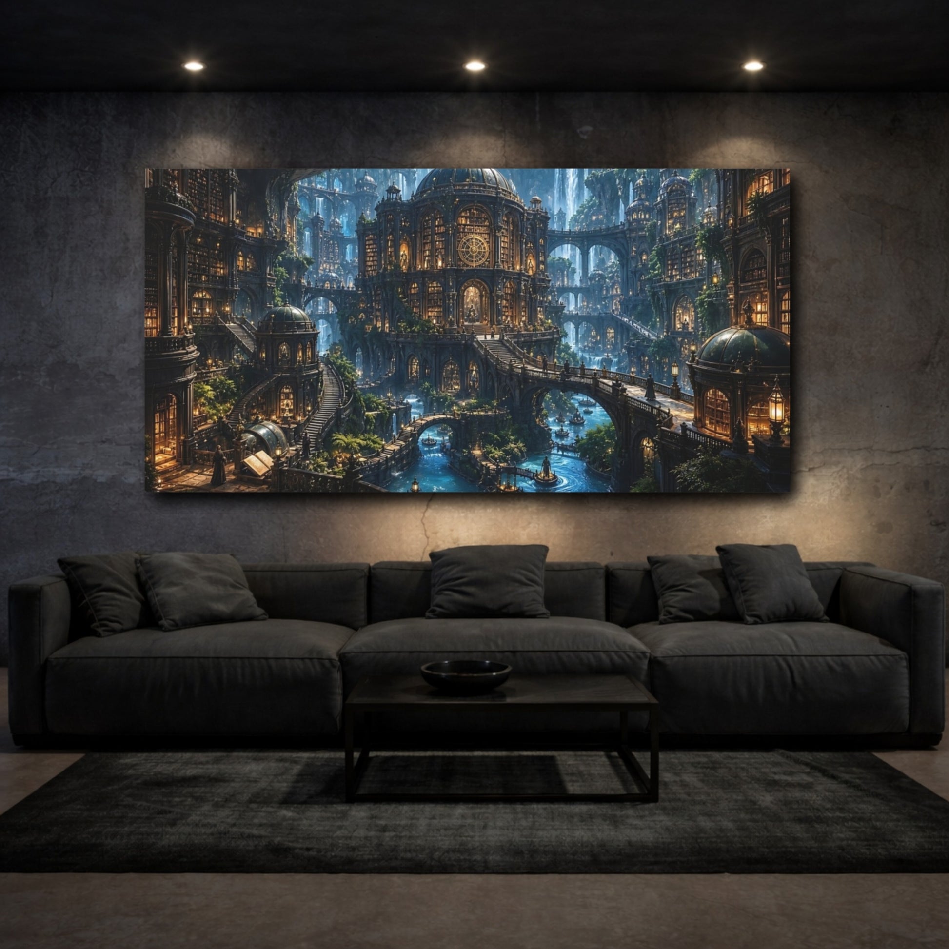 Mockup 2. Science Fiction Mystic City Enchanted Cityscape shown as stretched canvas wall art