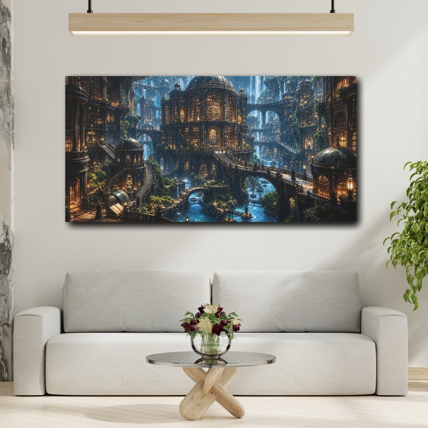 Mockup 3. Science Fiction Mystic City Enchanted Cityscape shown as stretched canvas wall art