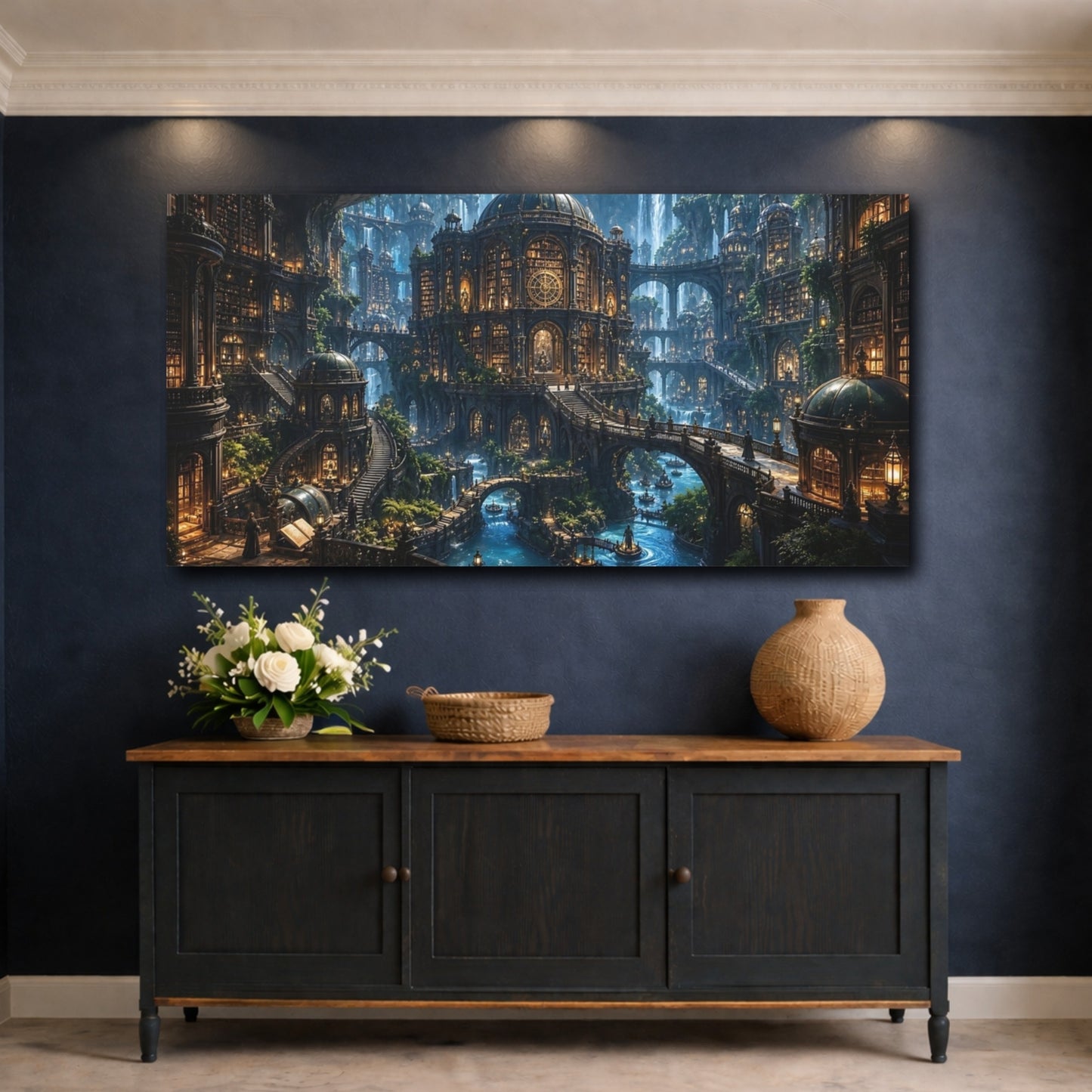 Mockup 4. Science Fiction Mystic City Enchanted Cityscape shown as stretched canvas wall art