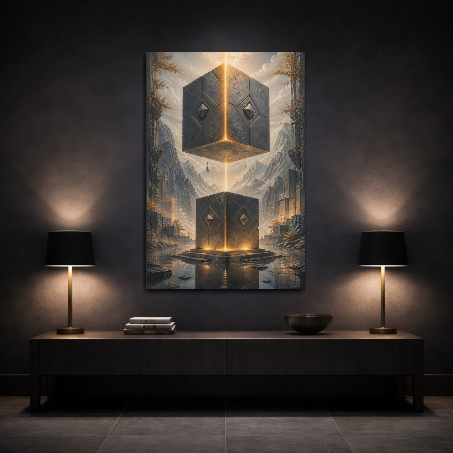 Science Fiction Mystic Cubes Glowing Stone Canvas Wall Art Print – Sci - fi Living Room, Above Sofa - YesArtYes