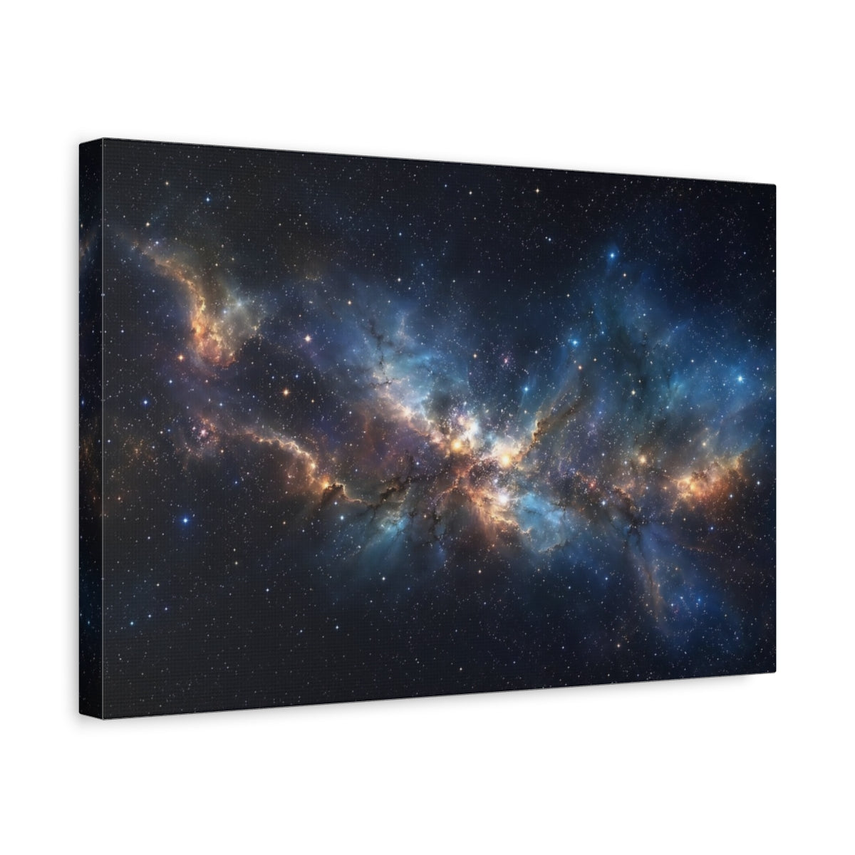 Side Mockup 4. Science Fiction Nebula Blue And Gold shown as stretched canvas wall art