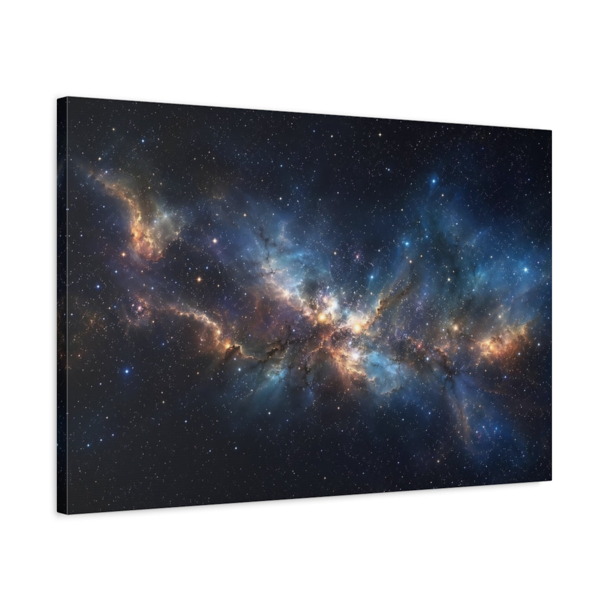 Side Mockup 2. Science Fiction Nebula Blue And Gold shown as stretched canvas wall art
