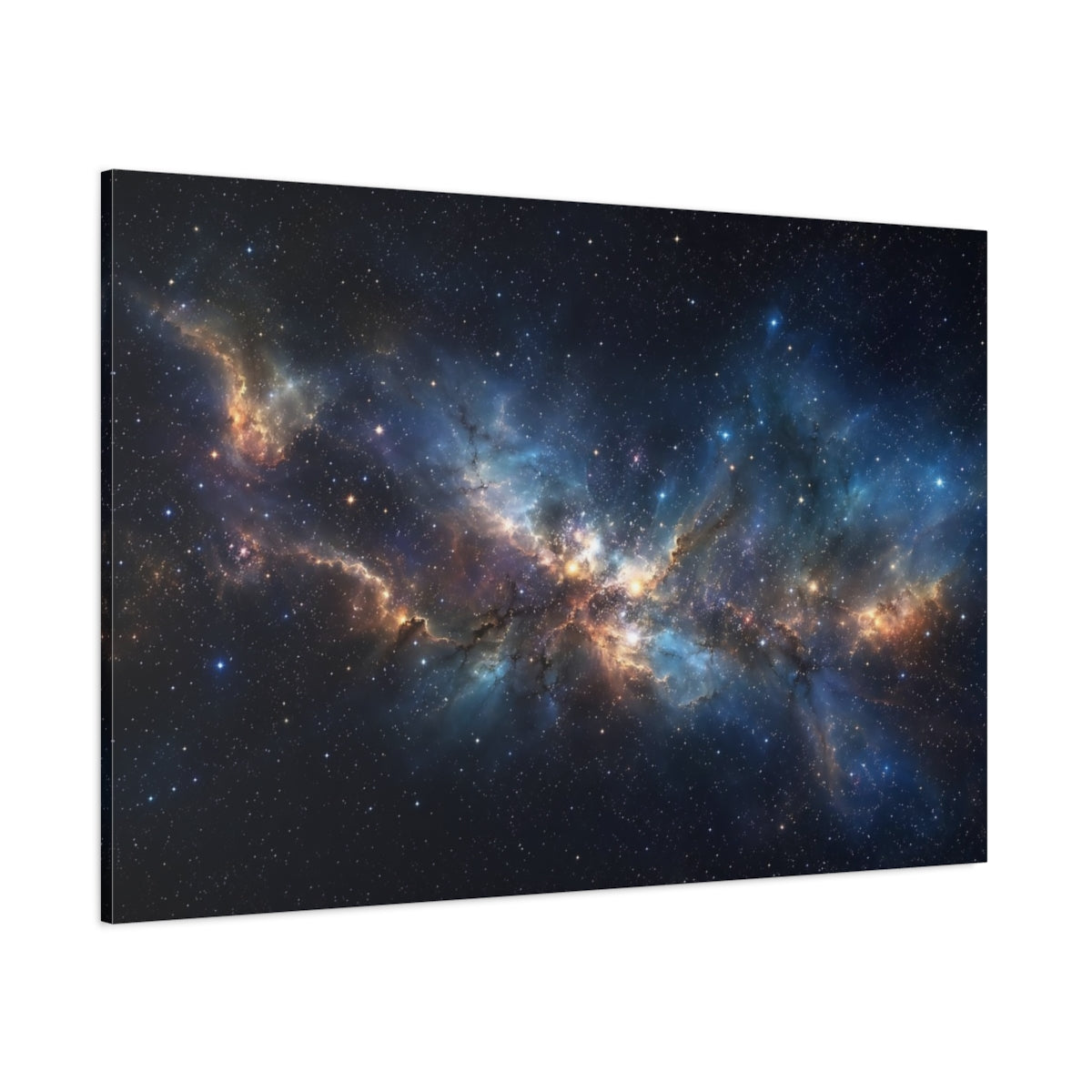Side Mockup 1. Science Fiction Nebula Blue And Gold shown as stretched canvas wall art