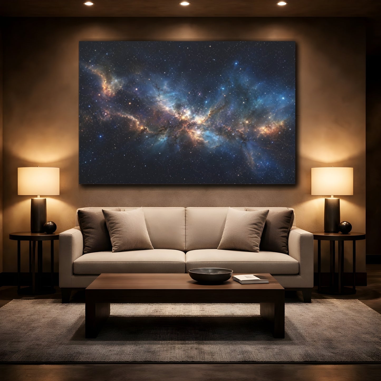 Mockup 2. Science Fiction Nebula Blue And Gold shown as stretched canvas wall art