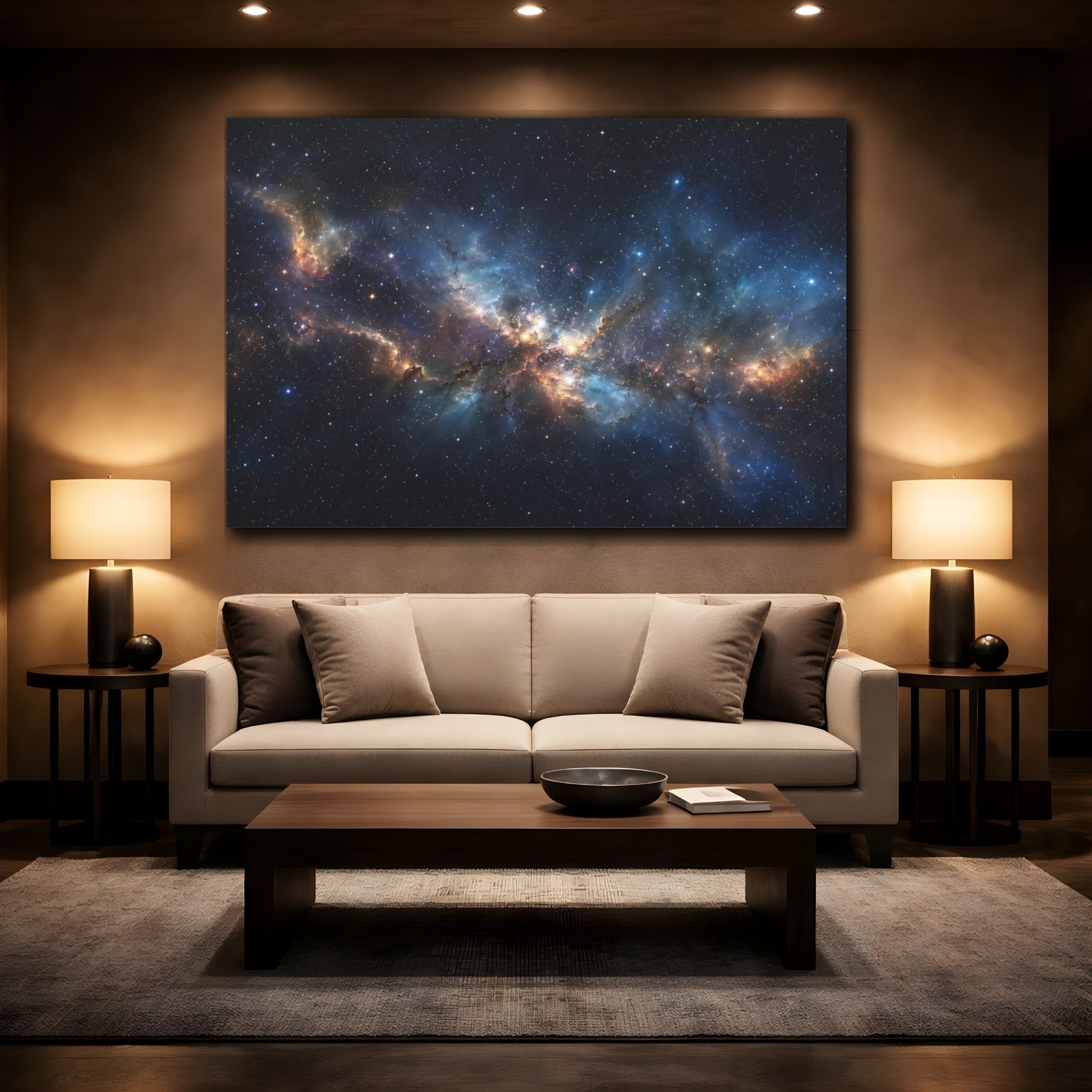 Mockup 2. Science Fiction Nebula Blue And Gold shown as stretched canvas wall art