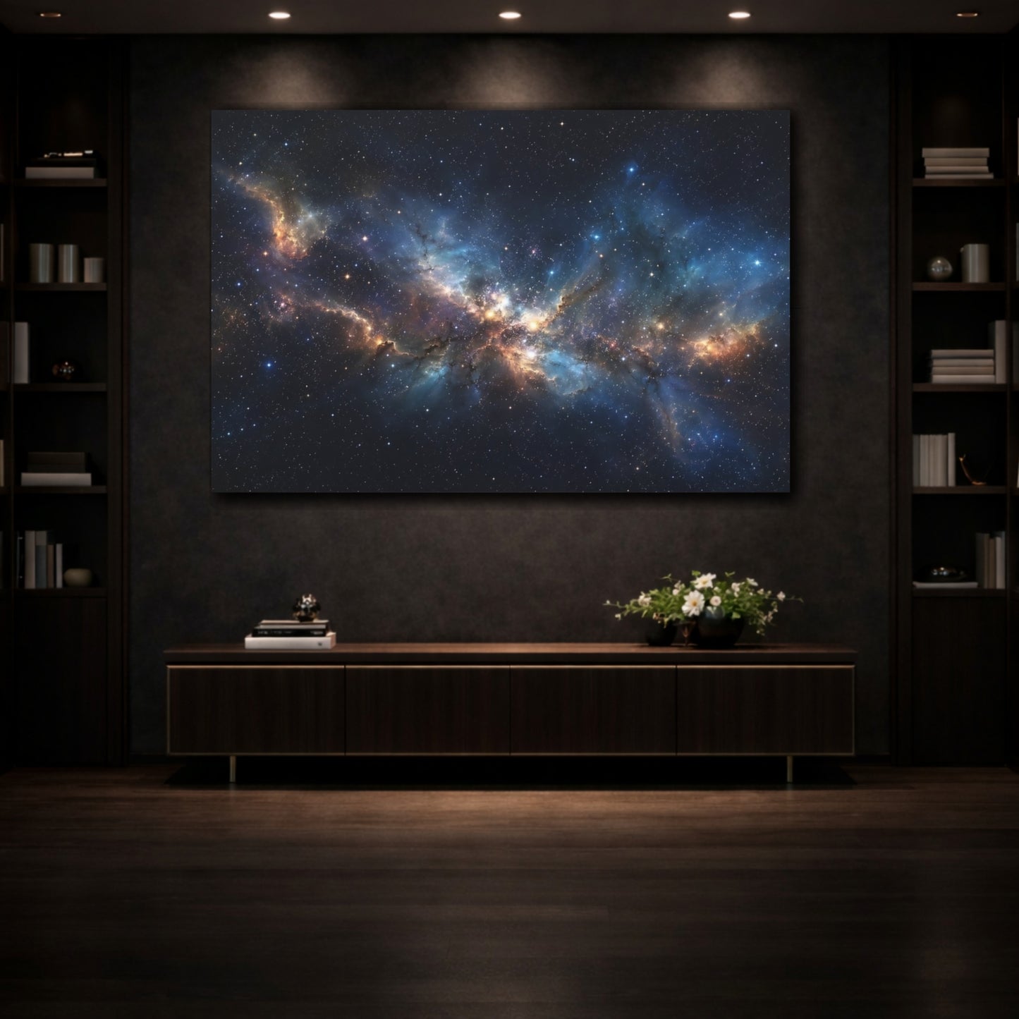 Mockup 3. Science Fiction Nebula Blue And Gold shown as stretched canvas wall art