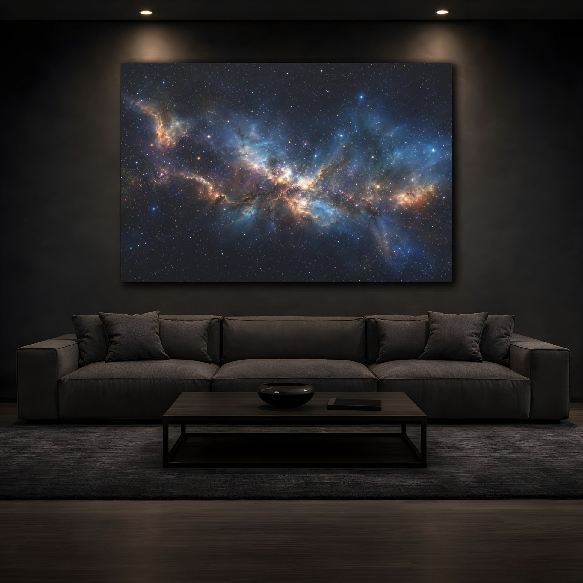 Mockup 4. Science Fiction Nebula Blue And Gold shown as stretched canvas wall art