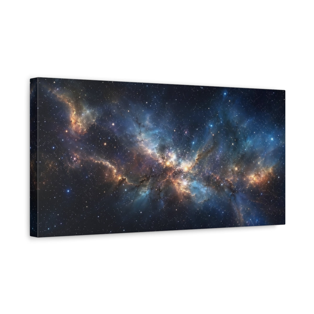 Side Mockup 3. Science Fiction Nebula Blue Orange Nebula shown as stretched canvas wall art