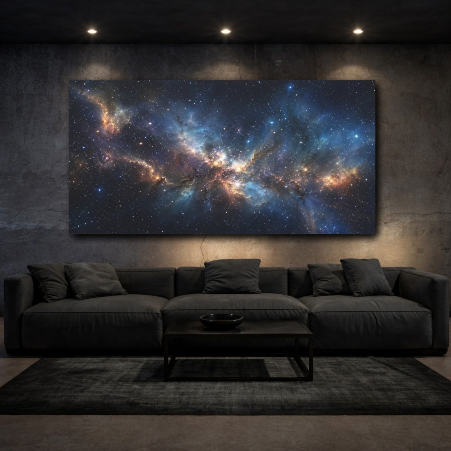 Mockup 2. Science Fiction Nebula Blue Orange Nebula shown as stretched canvas wall art