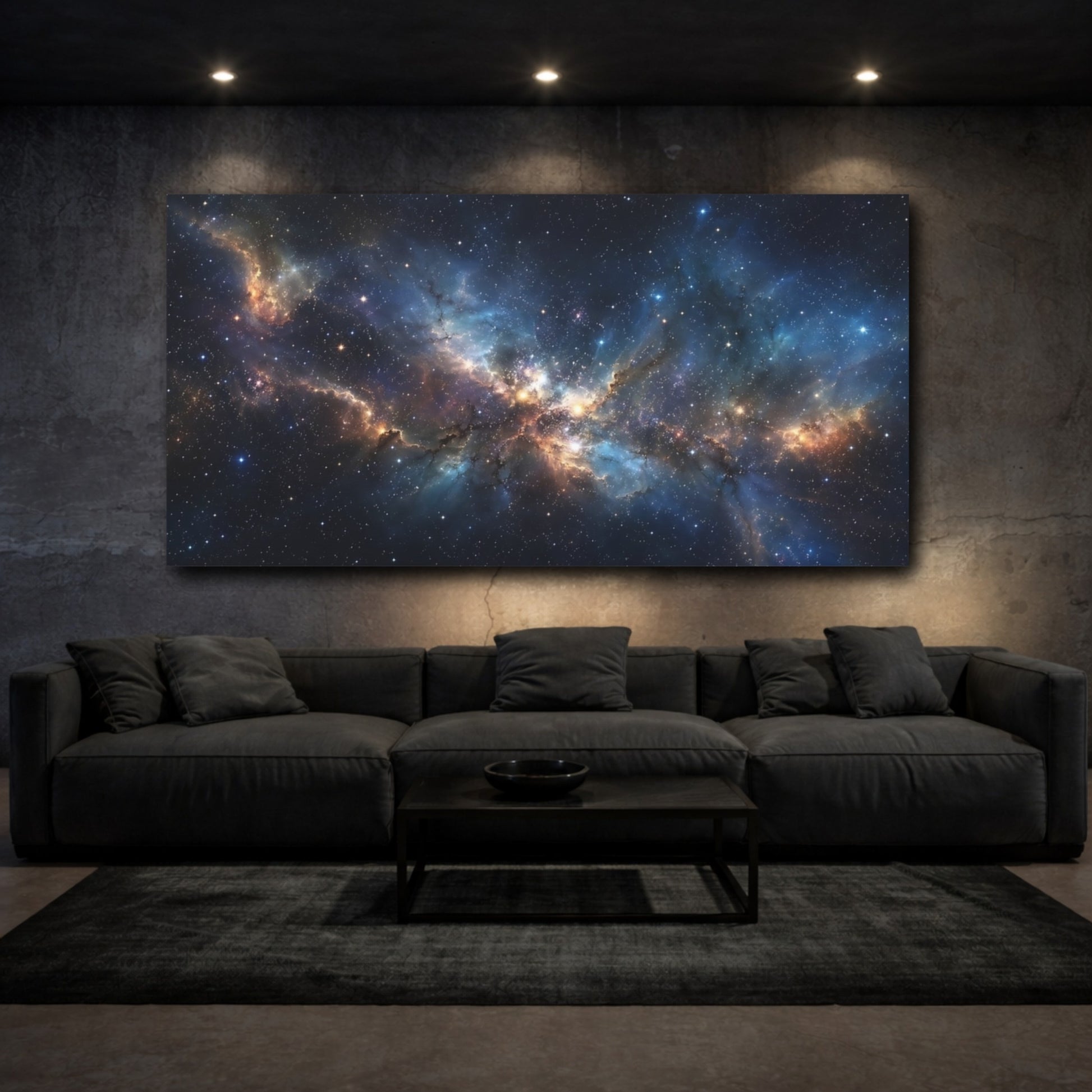 Mockup 2. Science Fiction Nebula Blue Orange Nebula shown as stretched canvas wall art
