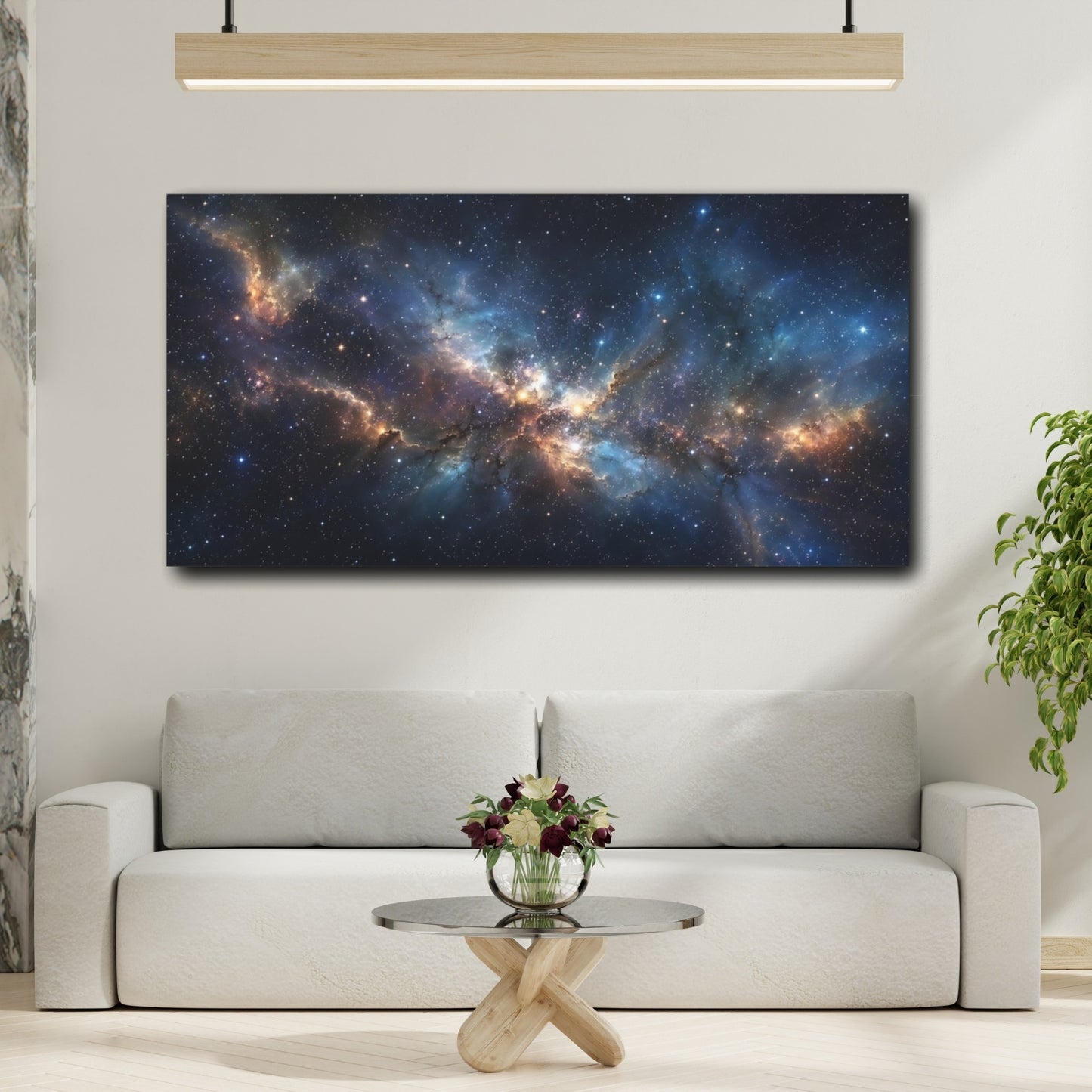 Mockup 3. Science Fiction Nebula Blue Orange Nebula shown as stretched canvas wall art