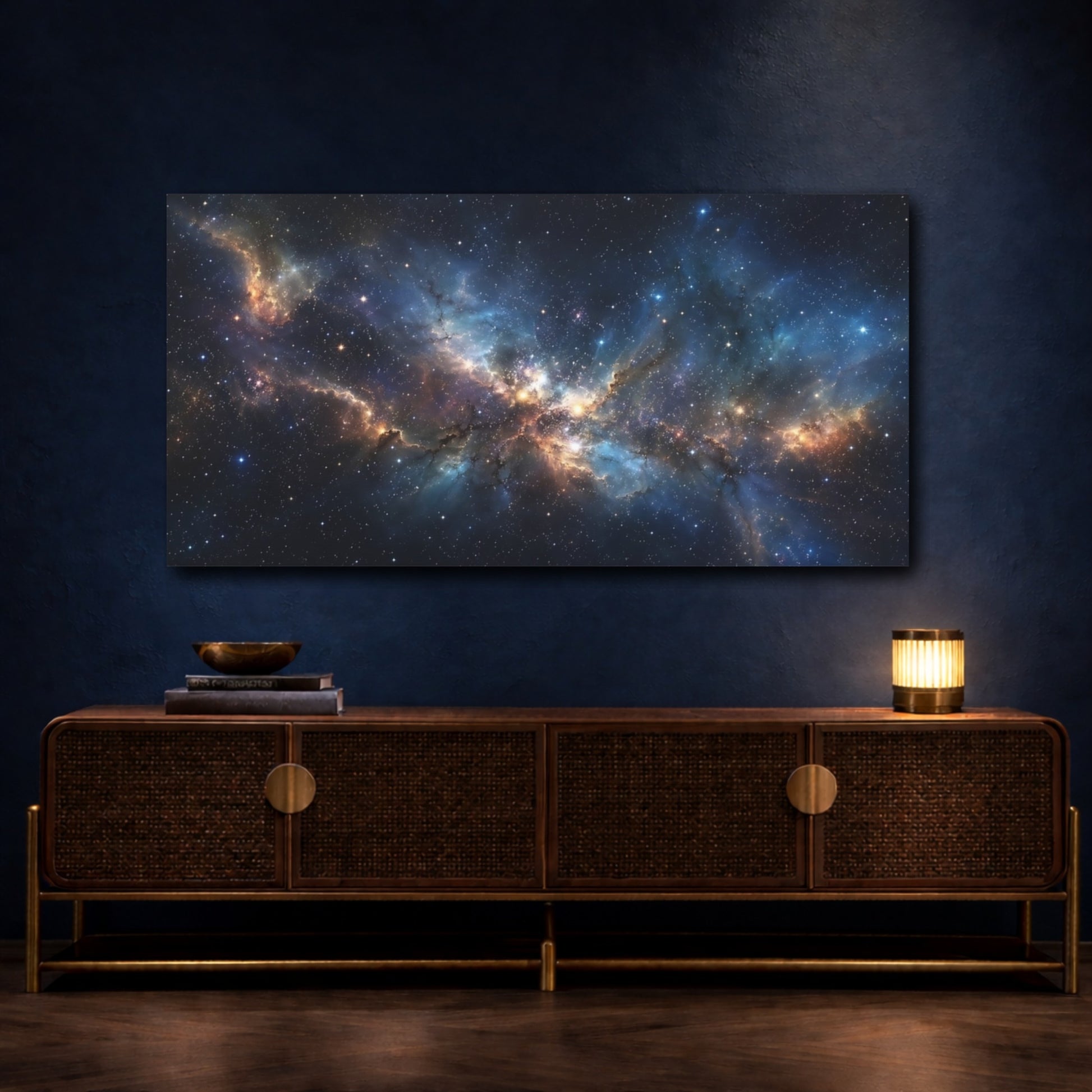 Mockup 4. Science Fiction Nebula Blue Orange Nebula shown as stretched canvas wall art