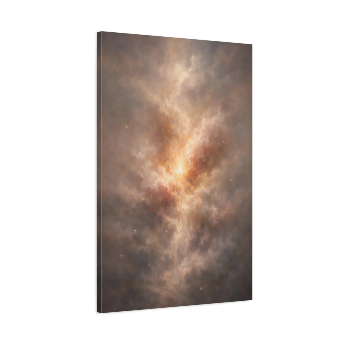 Side Mockup 1. Science Fiction Nebula Brown And Gold Nebula shown as stretched canvas wall art