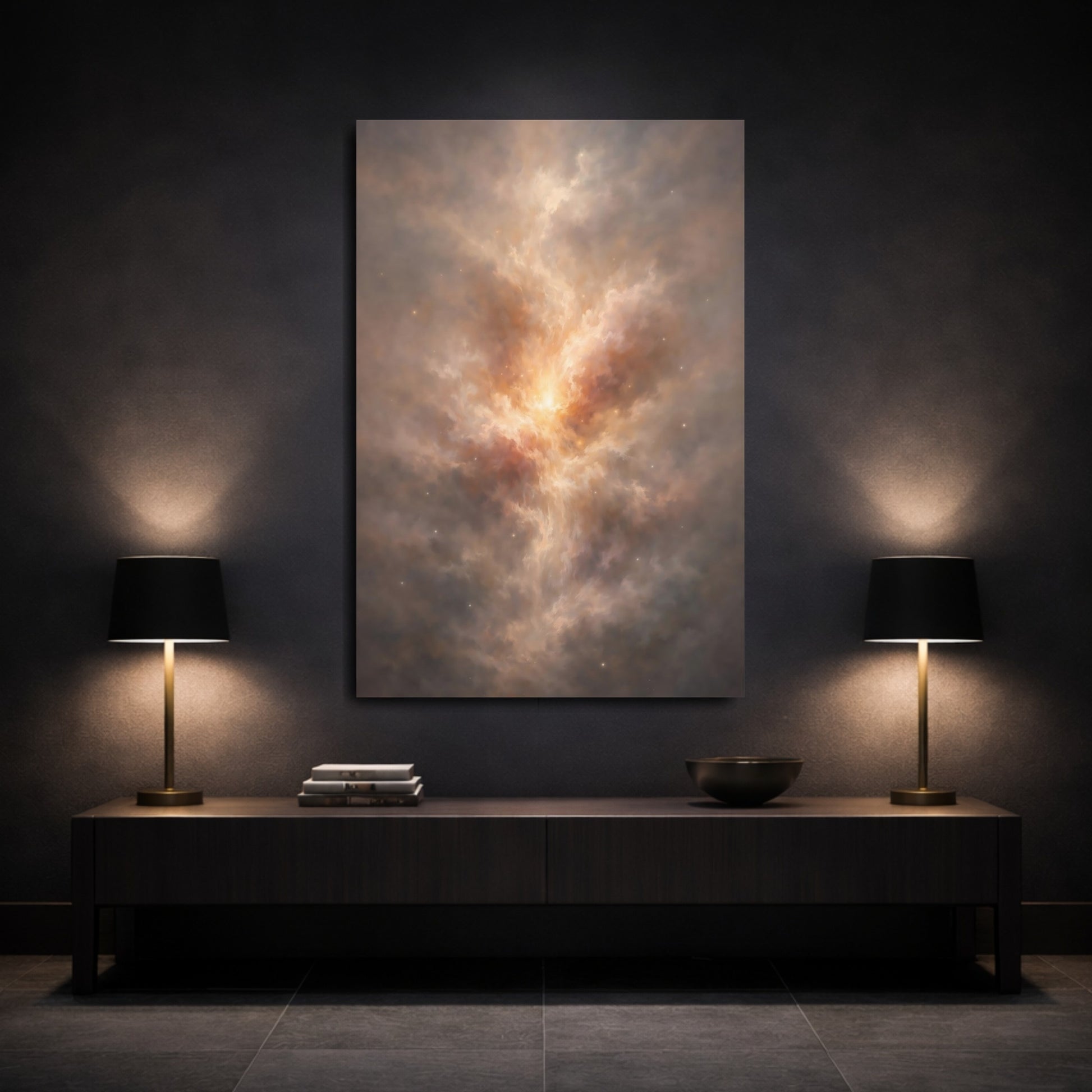 Mockup 2. Science Fiction Nebula Brown And Gold Nebula shown as stretched canvas wall art